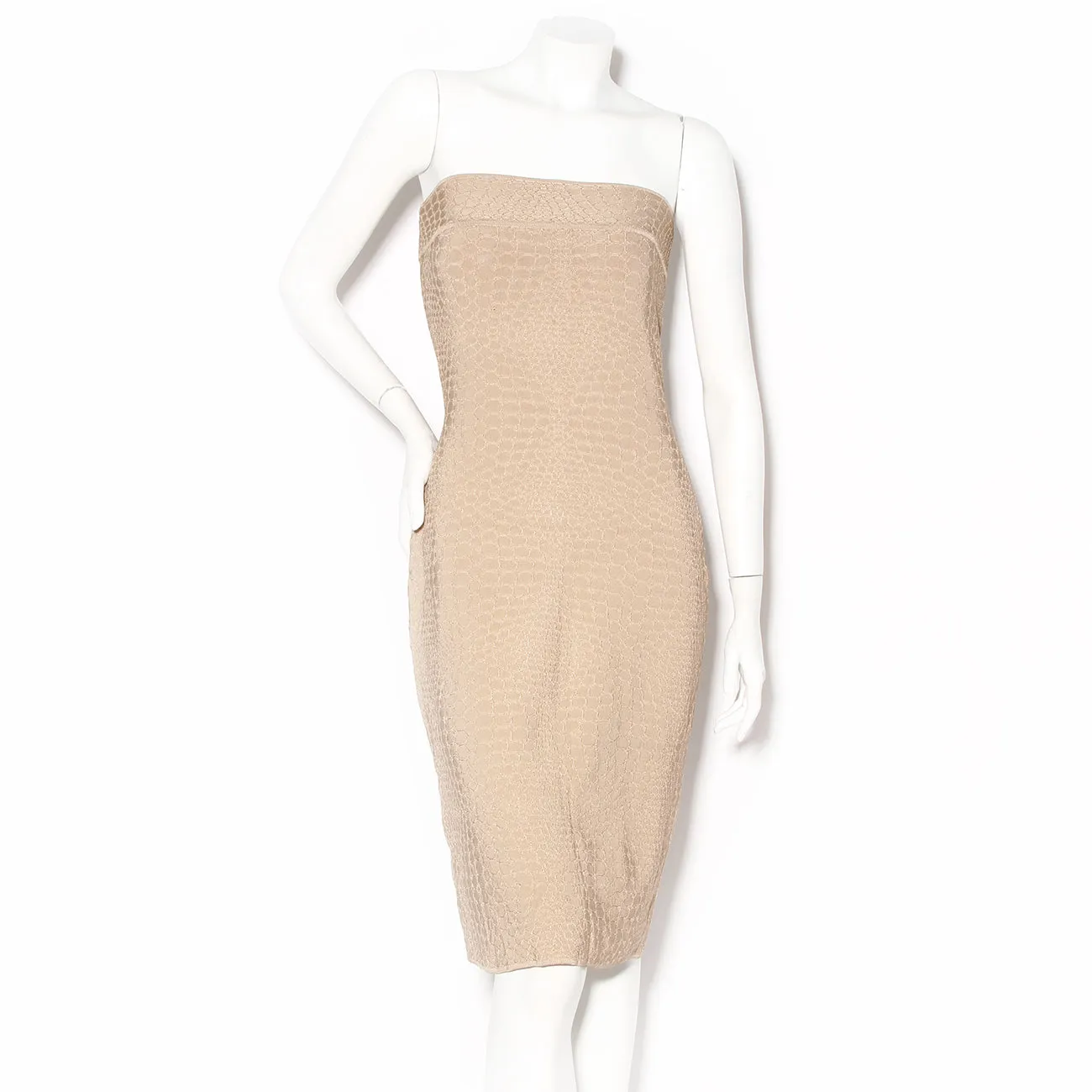 1990s Tan Strapless Knit Bodycon Dress