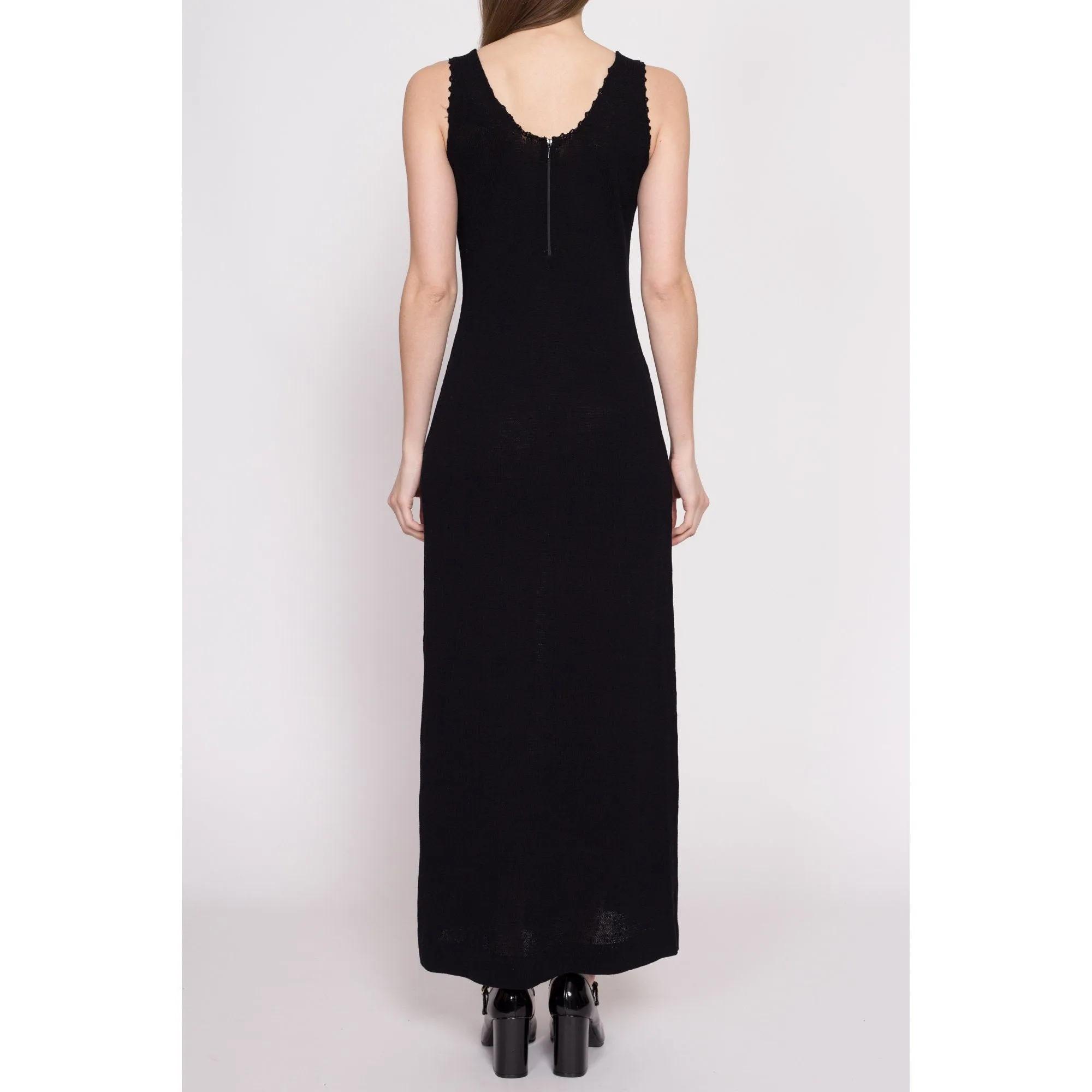 70s Black Knit Side Slit Maxi Dress - Medium