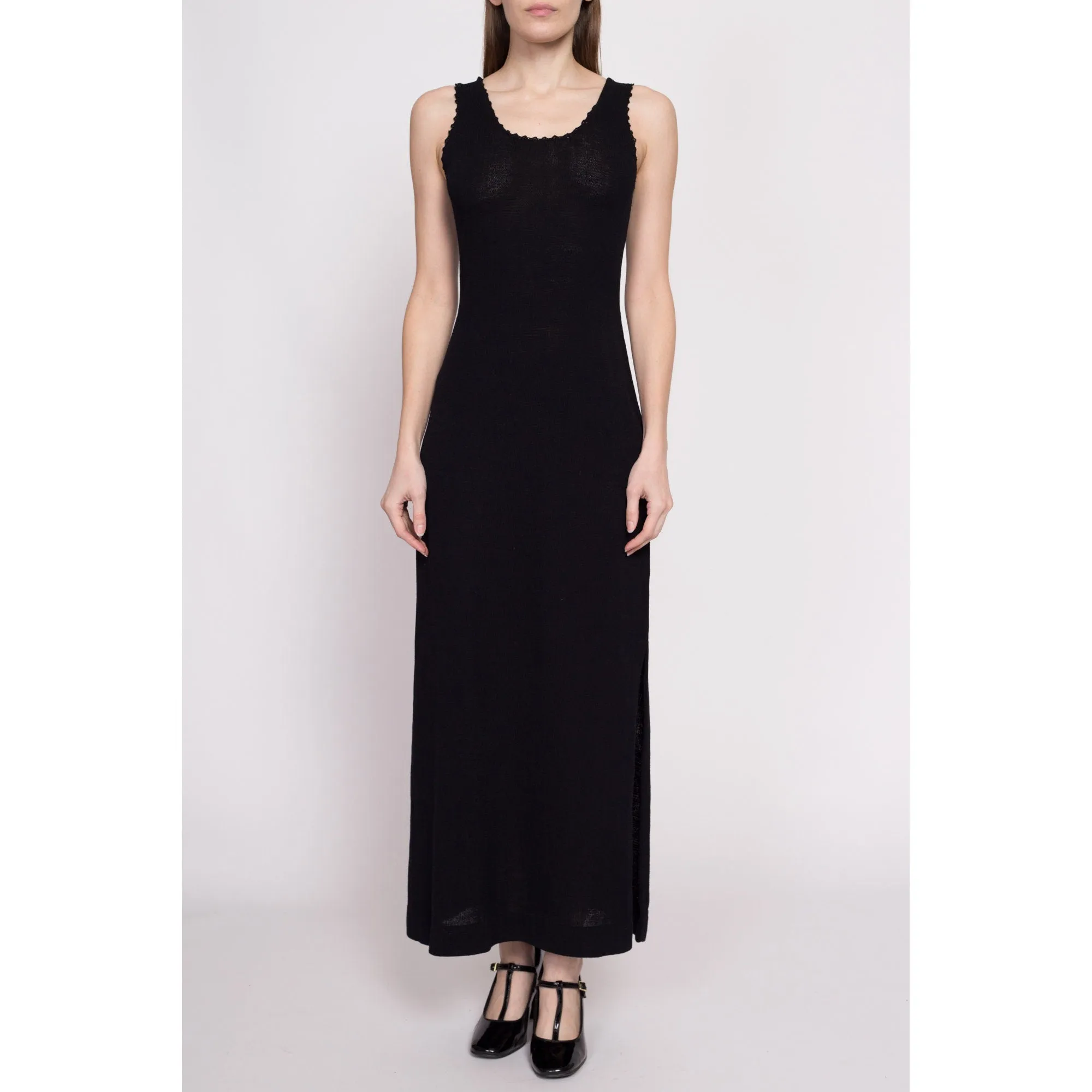 70s Black Knit Side Slit Maxi Dress - Medium