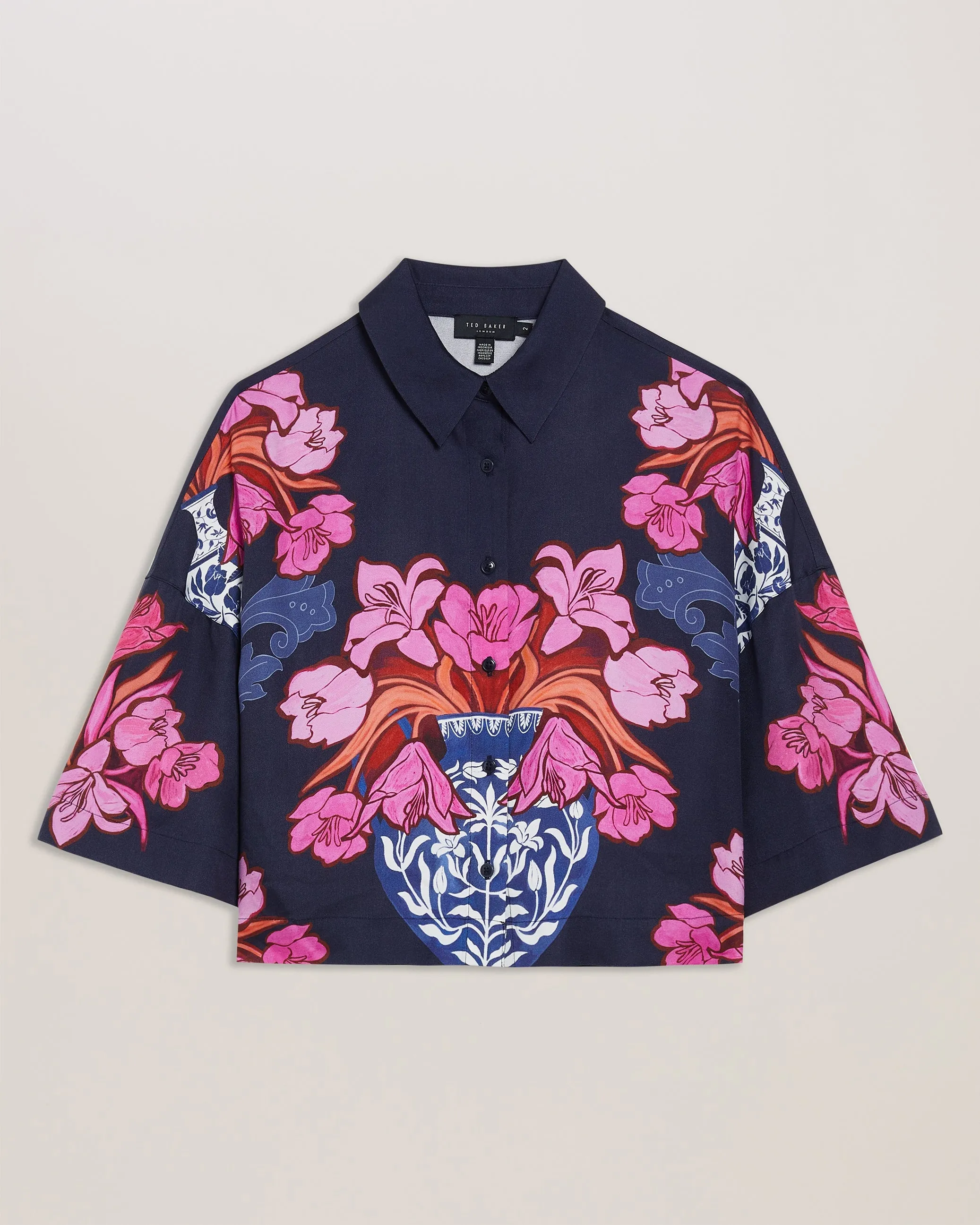 Akaii Short Sleeve Printed Boxy Cropped Shirt Navy