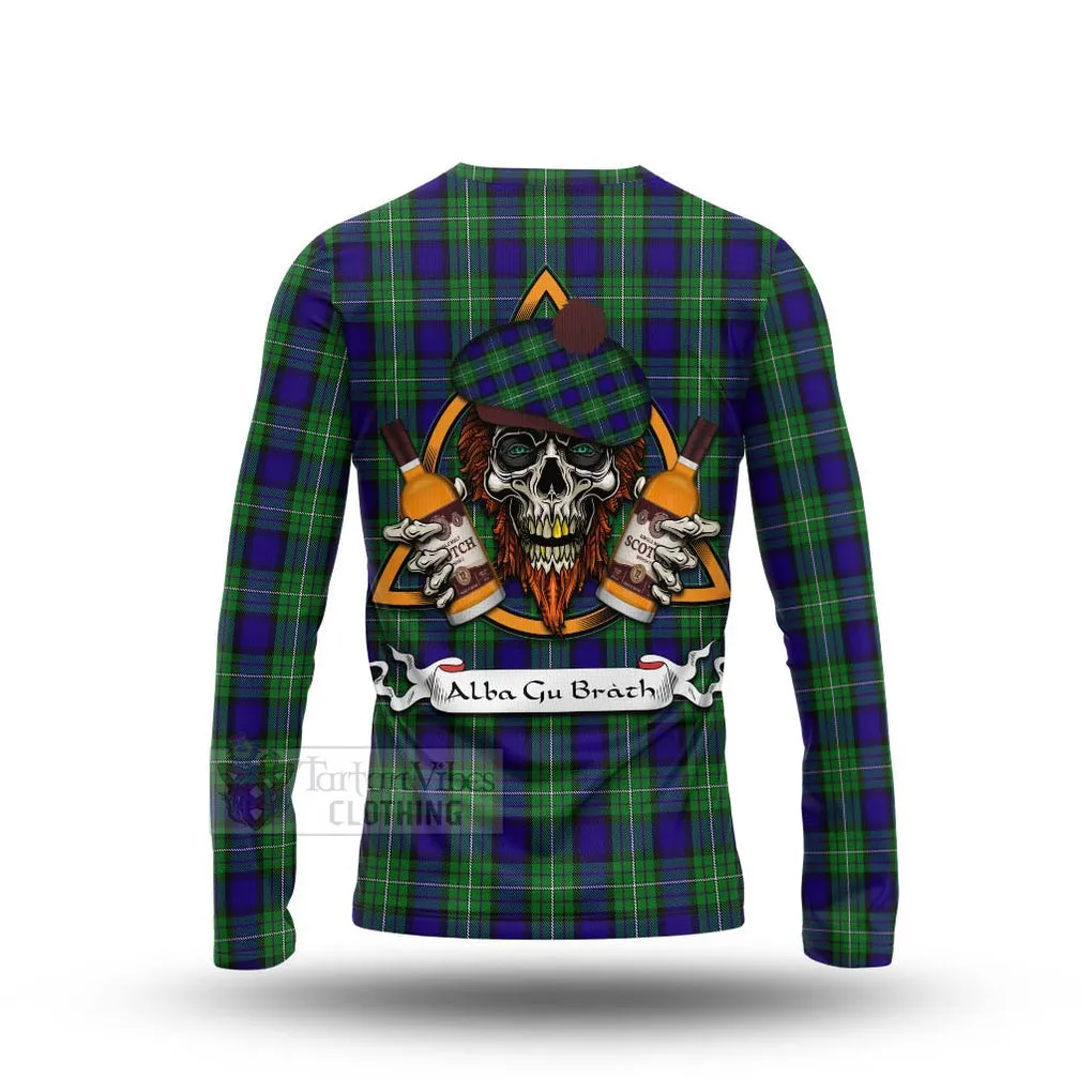 Alexander Tartan Long Sleeve T-Shirt with Family Crest and Bearded Skull Holding Bottles of Whiskey