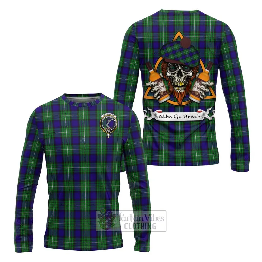 Alexander Tartan Long Sleeve T-Shirt with Family Crest and Bearded Skull Holding Bottles of Whiskey