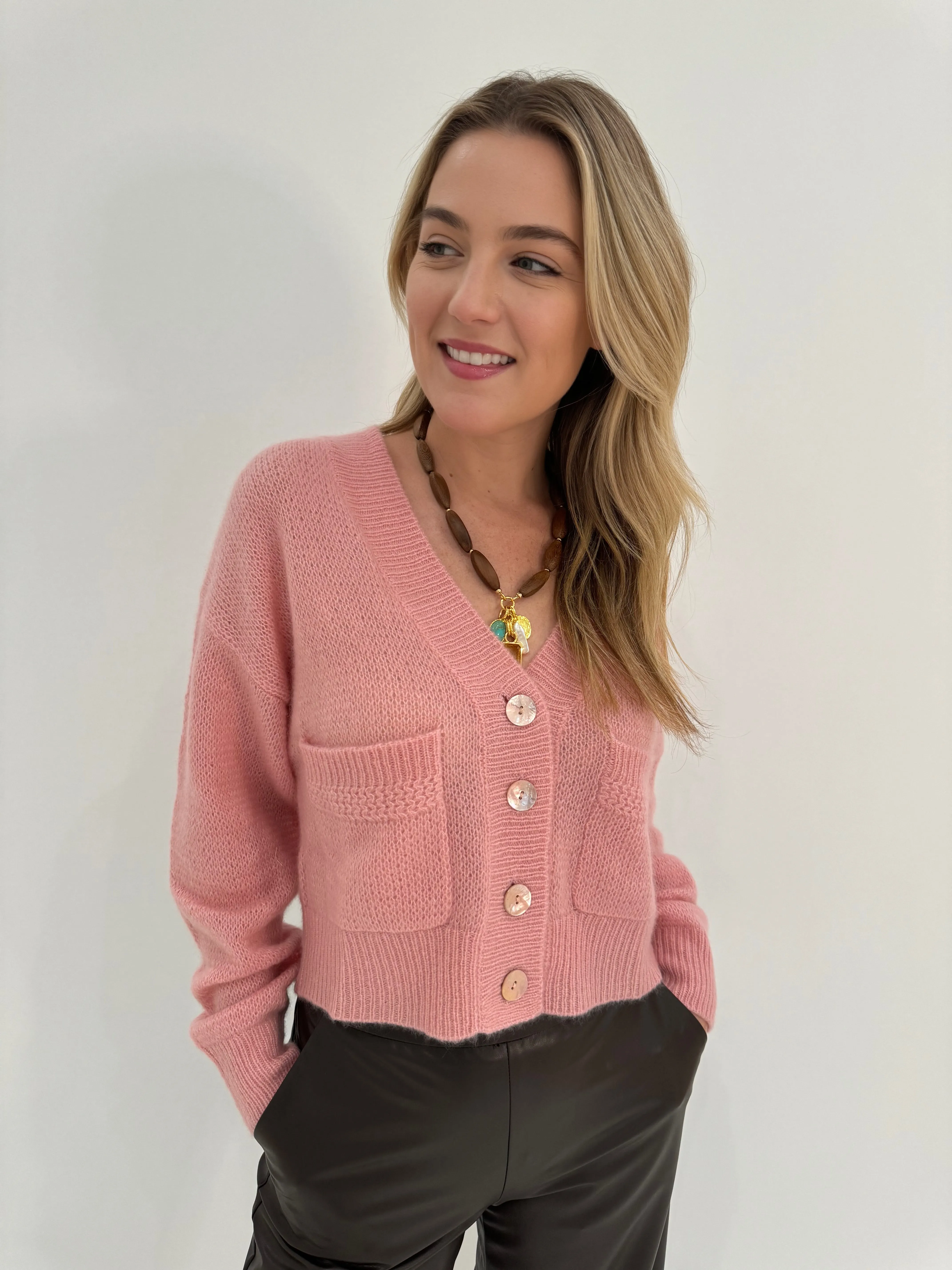 Amara Lolas Cropped Bomber Cardigan - Tea Rose