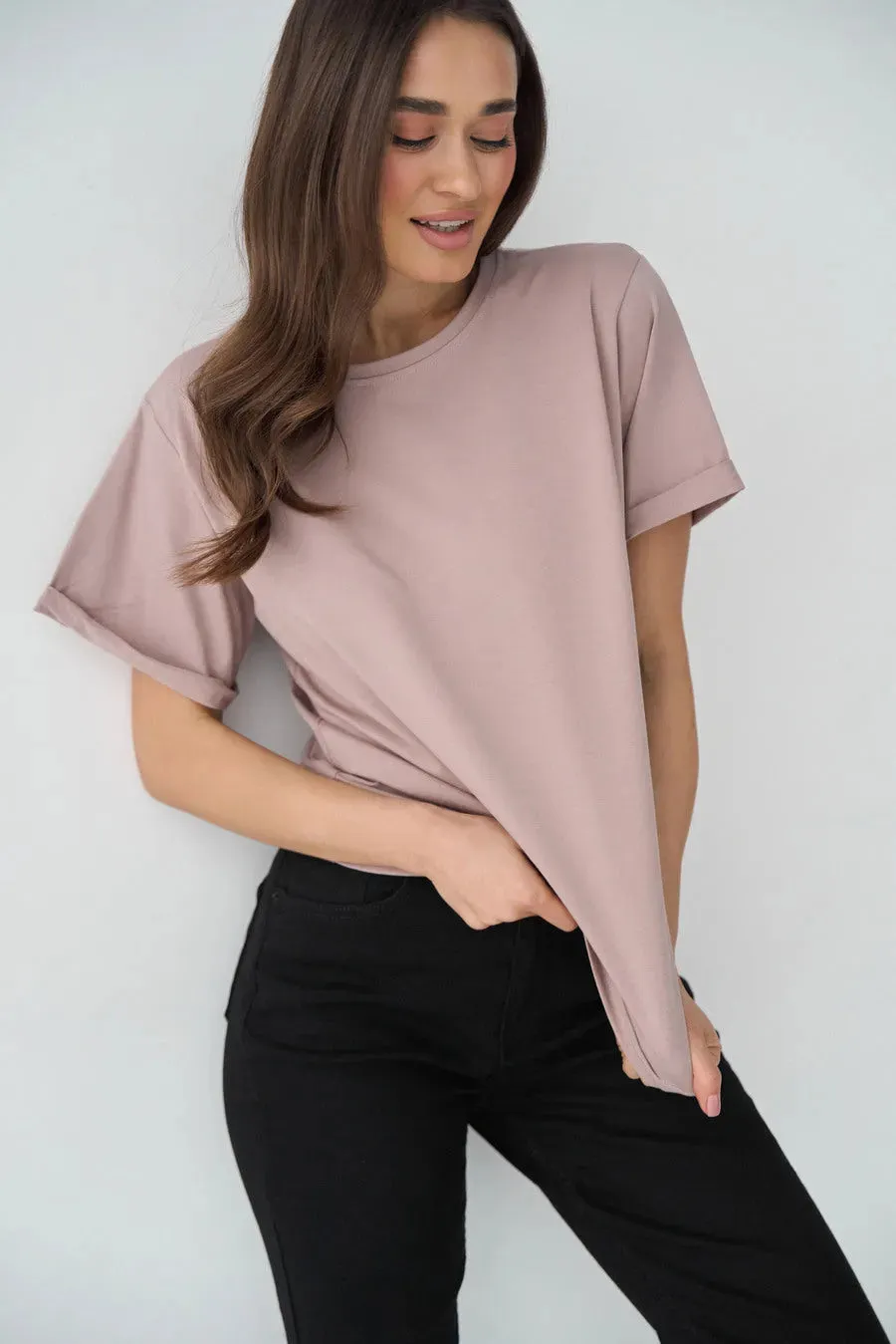 Beige Oversized Roll Up Sleeve T-Shirt