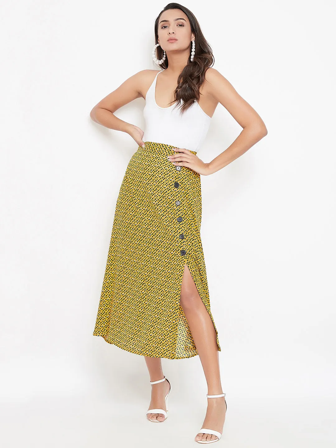 Berrylush Women Yellow & Black Animal Printed Front Slit A-Line Midi Skirt