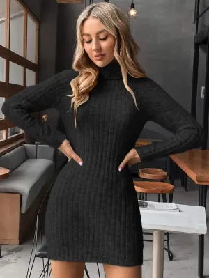 Black Roll Neck Knit Mini Dress - Franceska