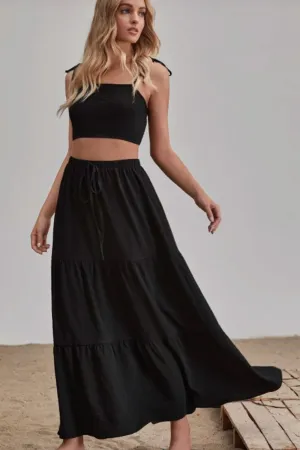 Black Tiered Midi Skirt Black