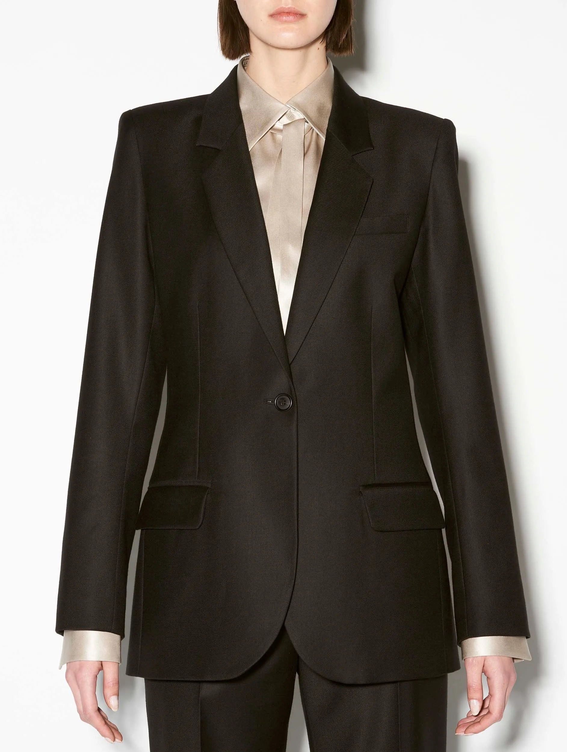 Black wool gabardine and cashmere suit jacket