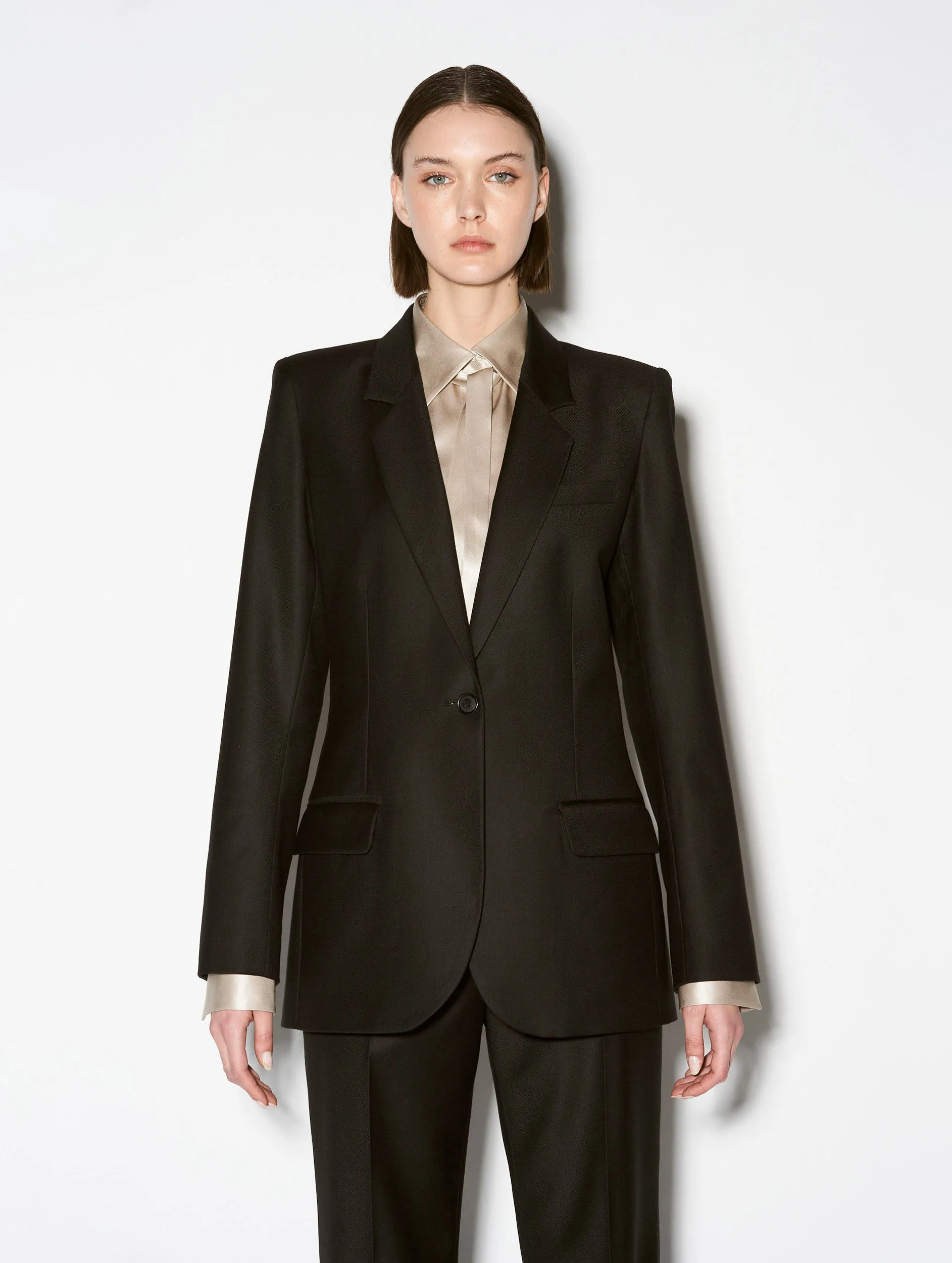 Black wool gabardine and cashmere suit jacket