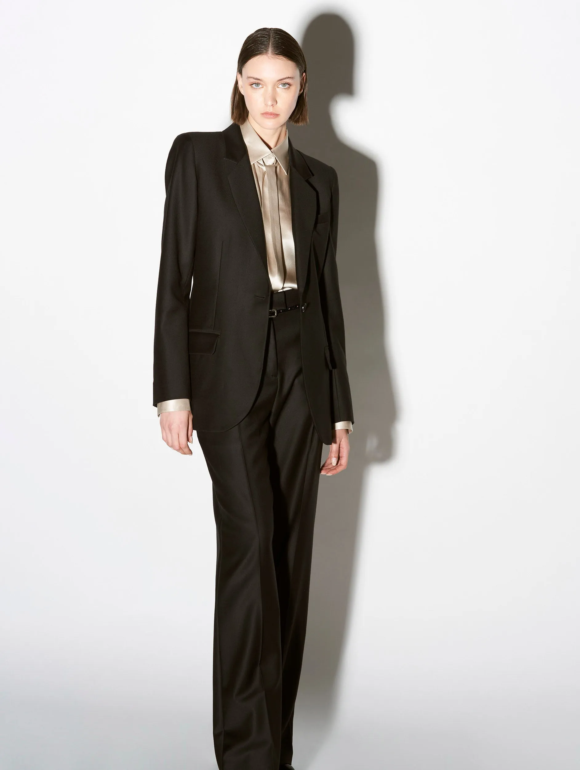 Black wool gabardine and cashmere suit jacket