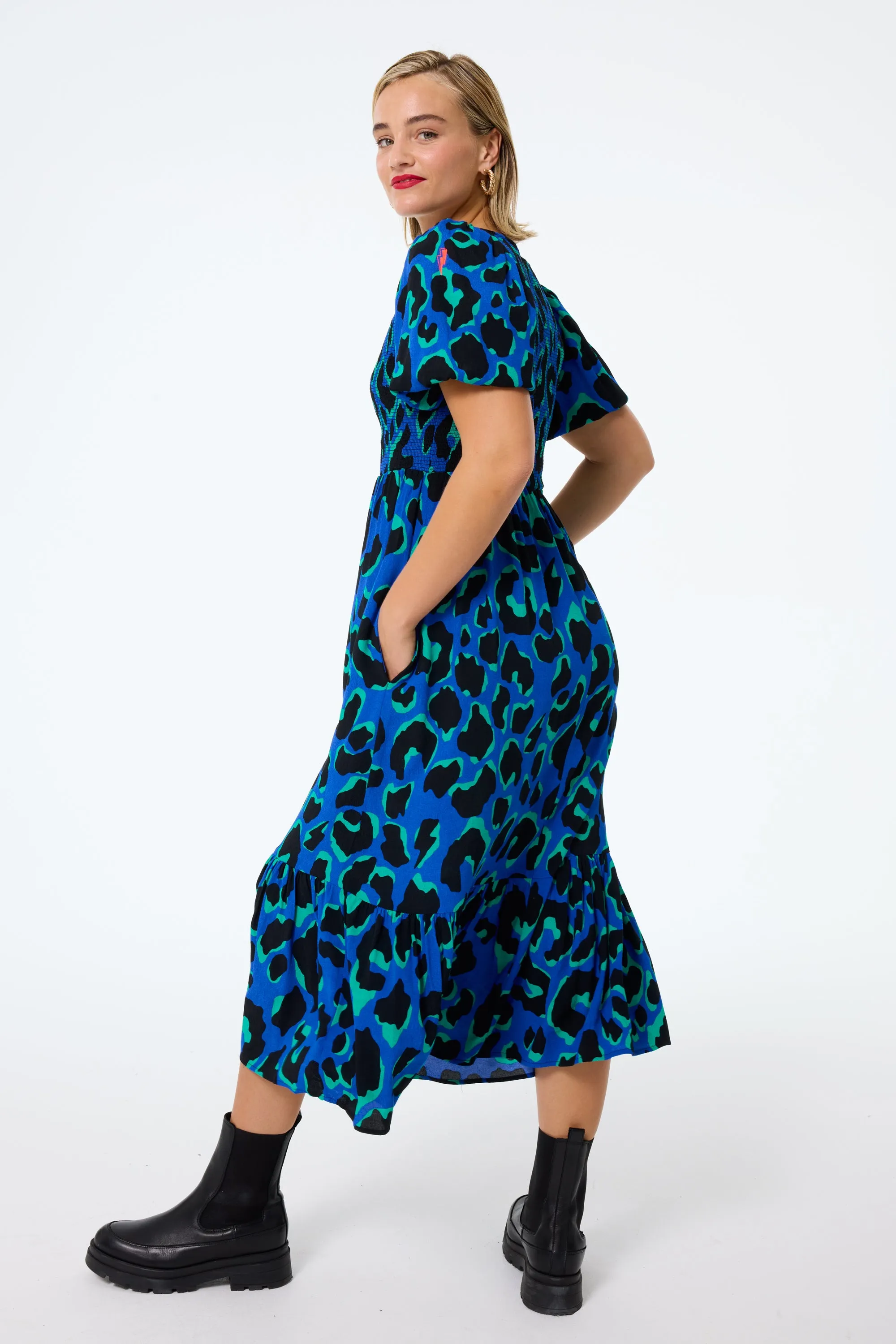 Blue with Green and Black Mega Leopard Shirred Puff Sleeve Midi Dress