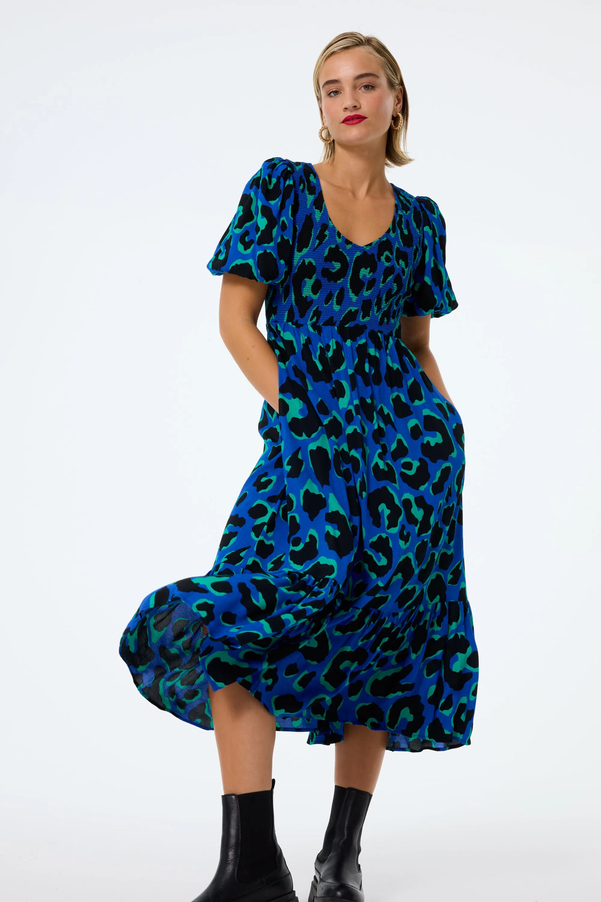 Blue with Green and Black Mega Leopard Shirred Puff Sleeve Midi Dress