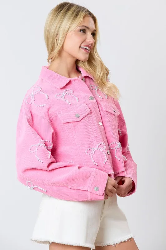 Bow Embellished Pink Corduroy Jacket