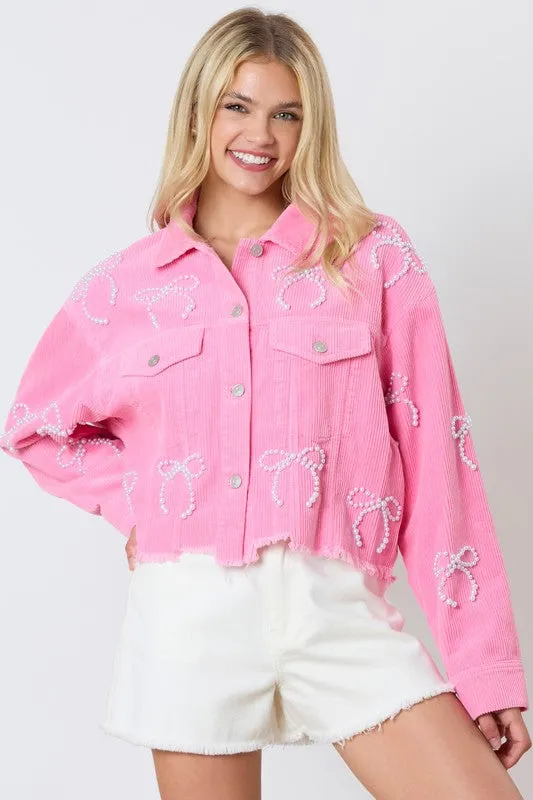 Bow Embellished Pink Corduroy Jacket