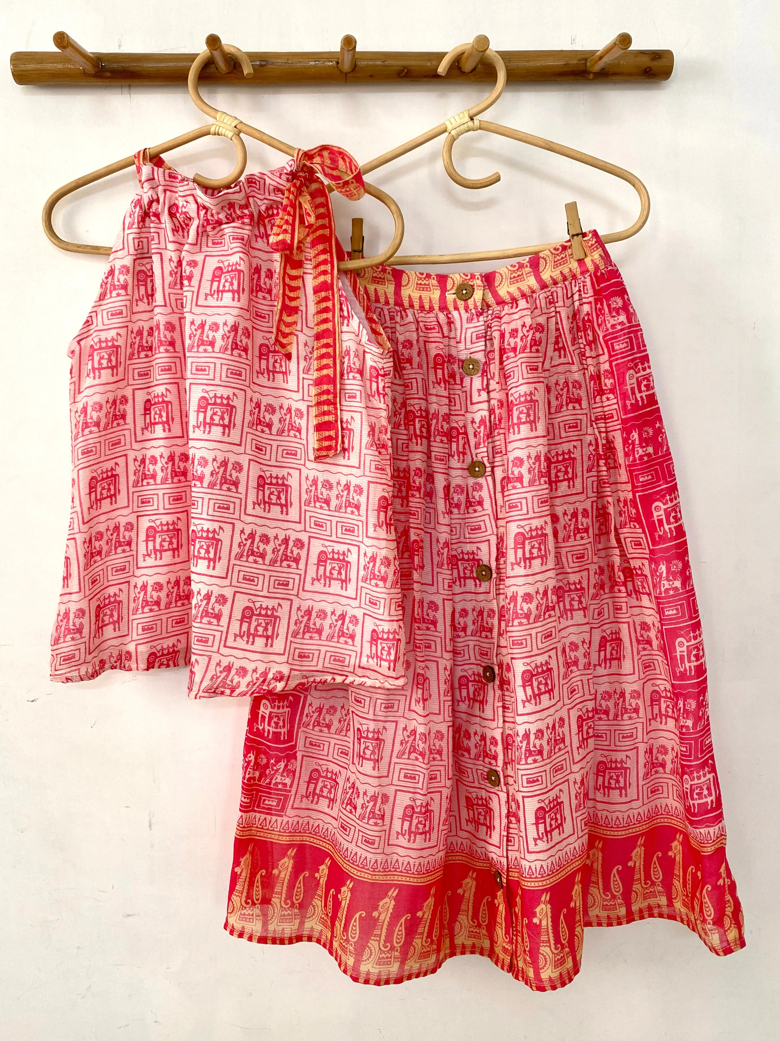 Bright Pink Warli-inspired Tie-Neck Halter Top - XS