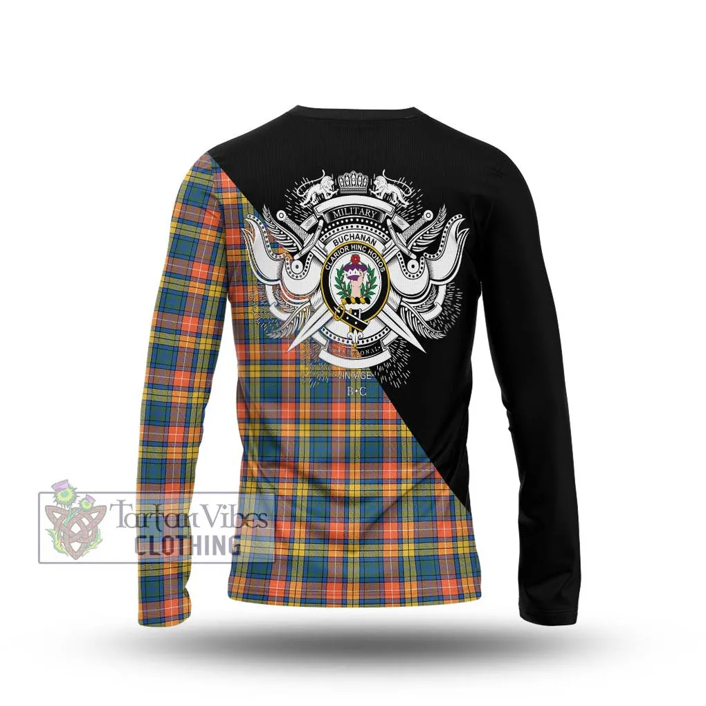 Buchanan Ancient Tartan Long Sleeve T-Shirt with Family Crest and Military Logo Style