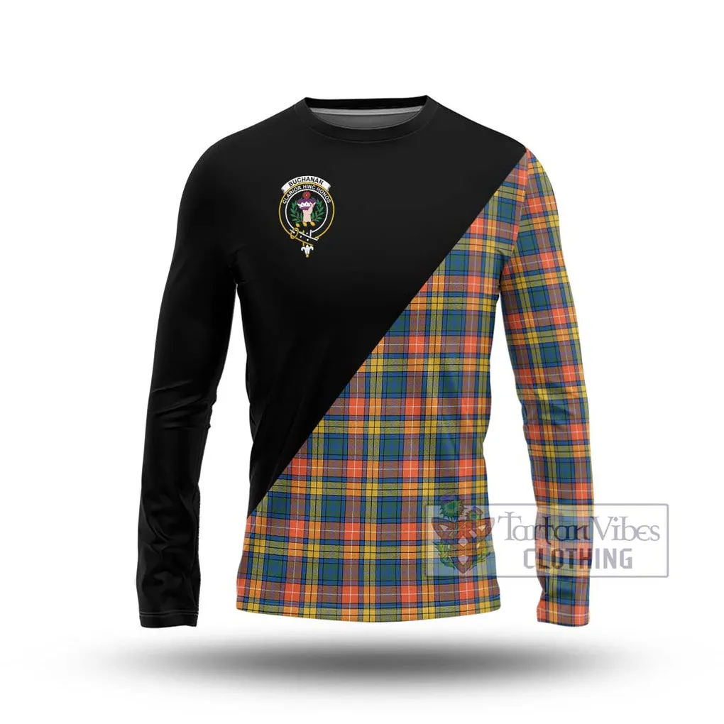 Buchanan Ancient Tartan Long Sleeve T-Shirt with Family Crest and Military Logo Style