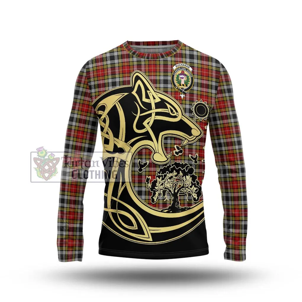 Buchanan Old Dress Tartan Long Sleeve T-Shirt with Family Crest Celtic Wolf Style