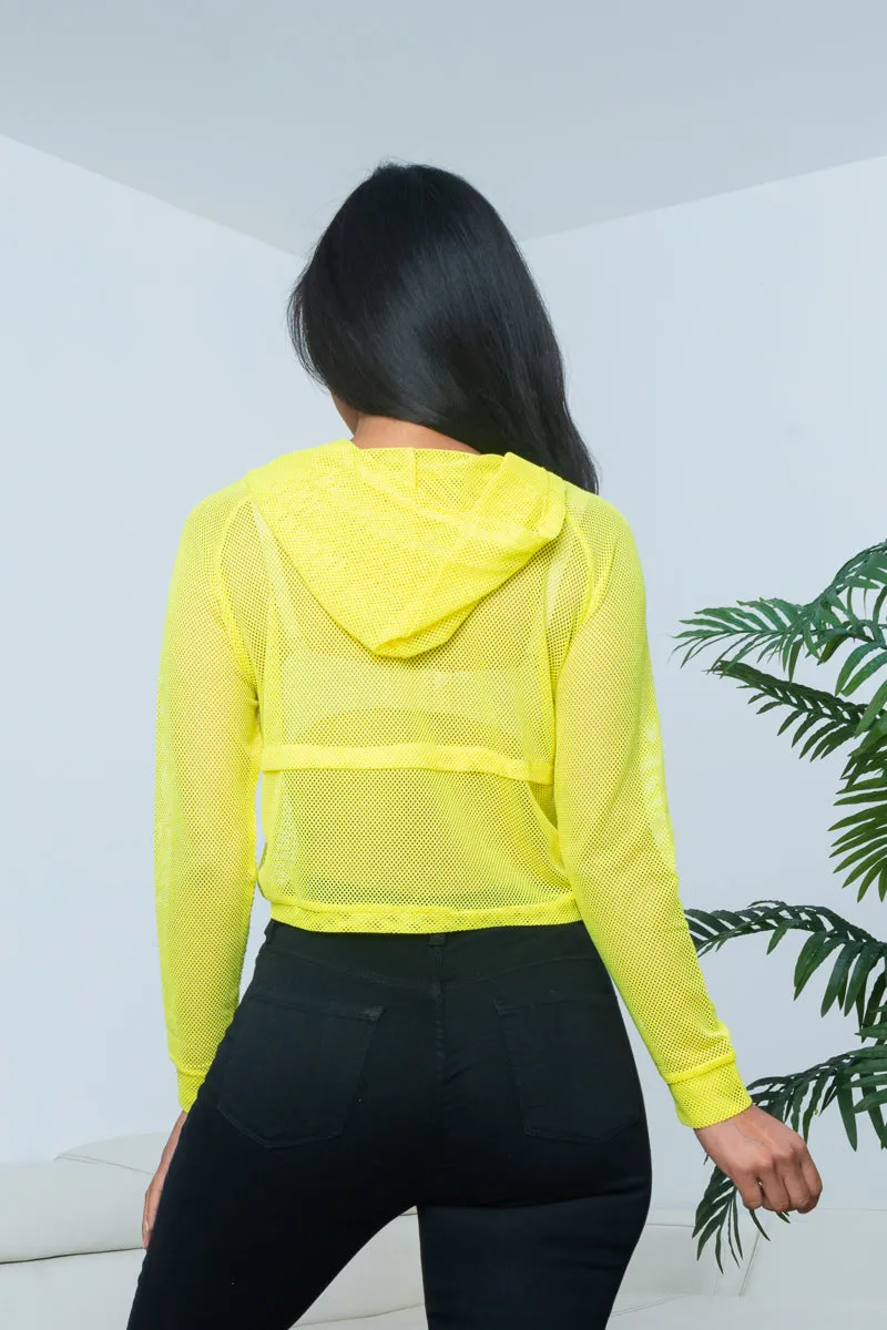 'Caution to the Wind' Open Mesh Knit Cropped Hoodie Jacket with Center Zip in Yellow (SW-TP08S)