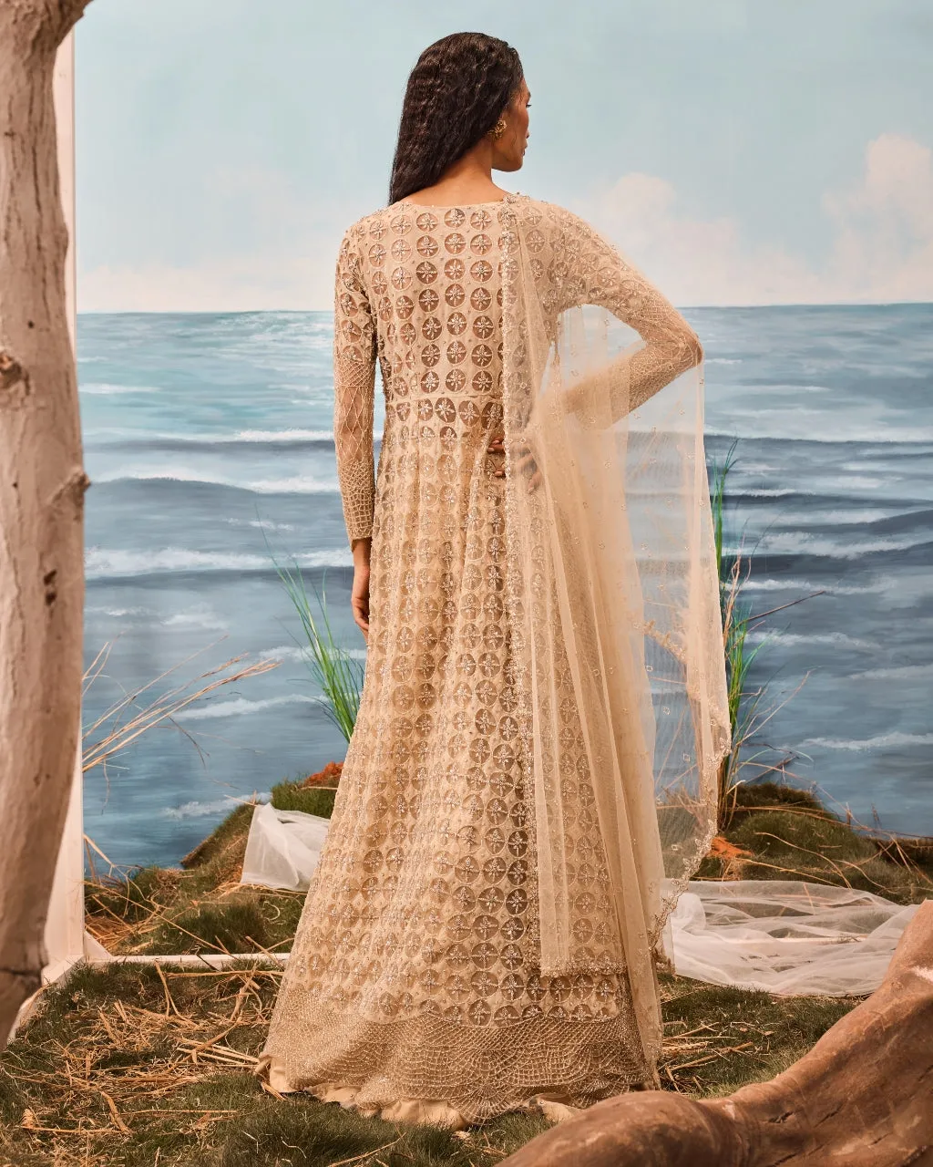 Champagne Geometrically Embroidered Jacket And Lehenga Set