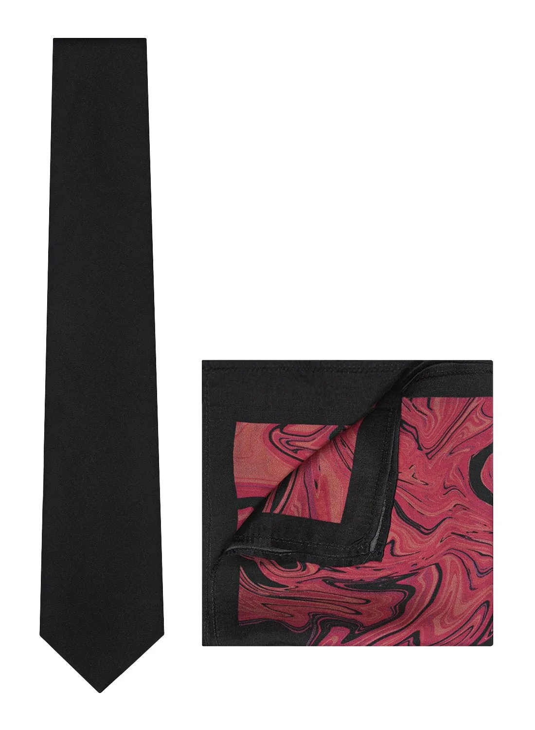 Chokore Black color Plain Silk Tie & Magenta printed silk pocket square set