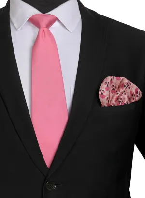 Chokore Pink color Plain Silk Tie & Pink color floral print silk pocket square set