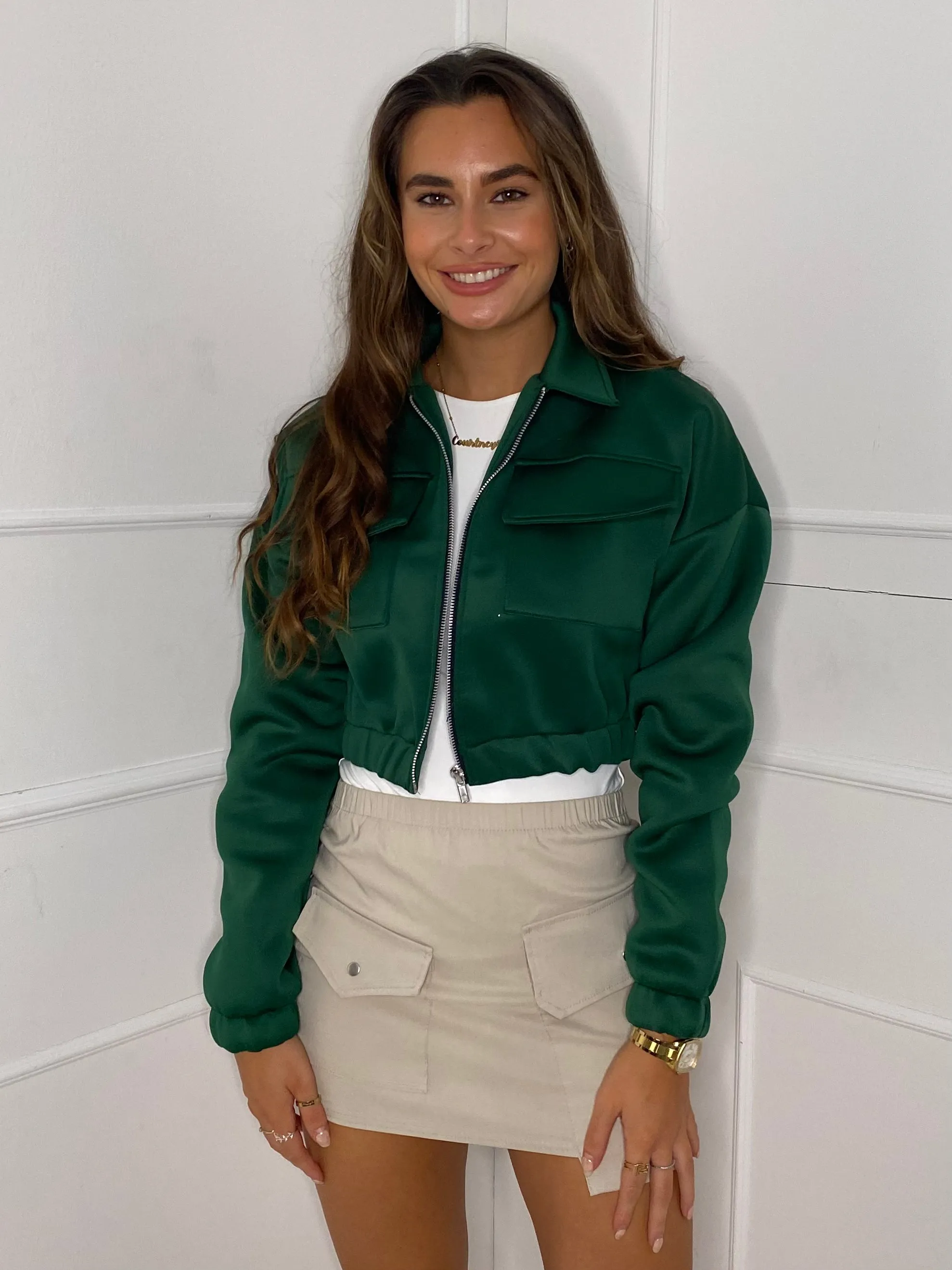 Collar Pocket Detail Cropped Jacket - Green