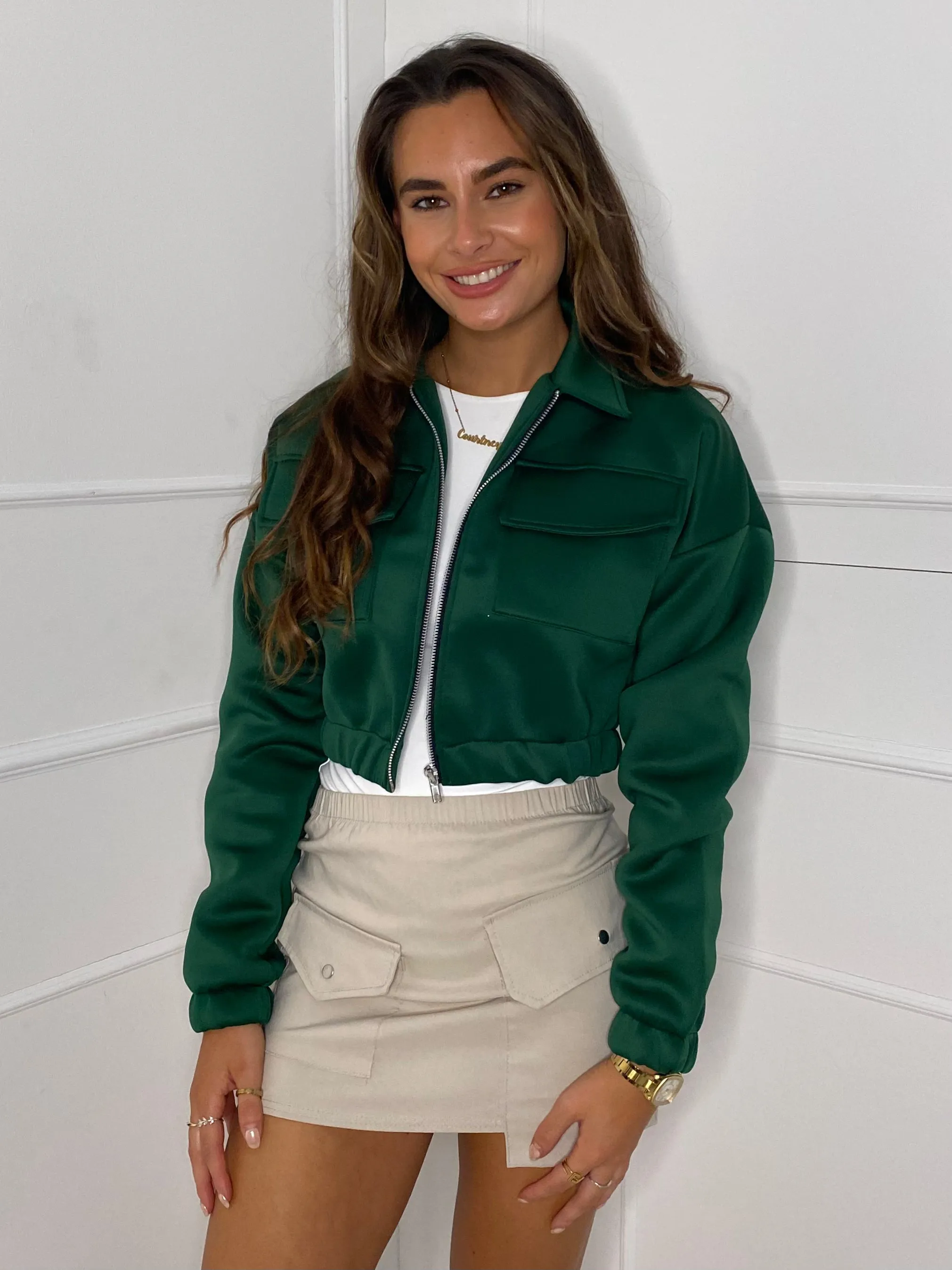 Collar Pocket Detail Cropped Jacket - Green