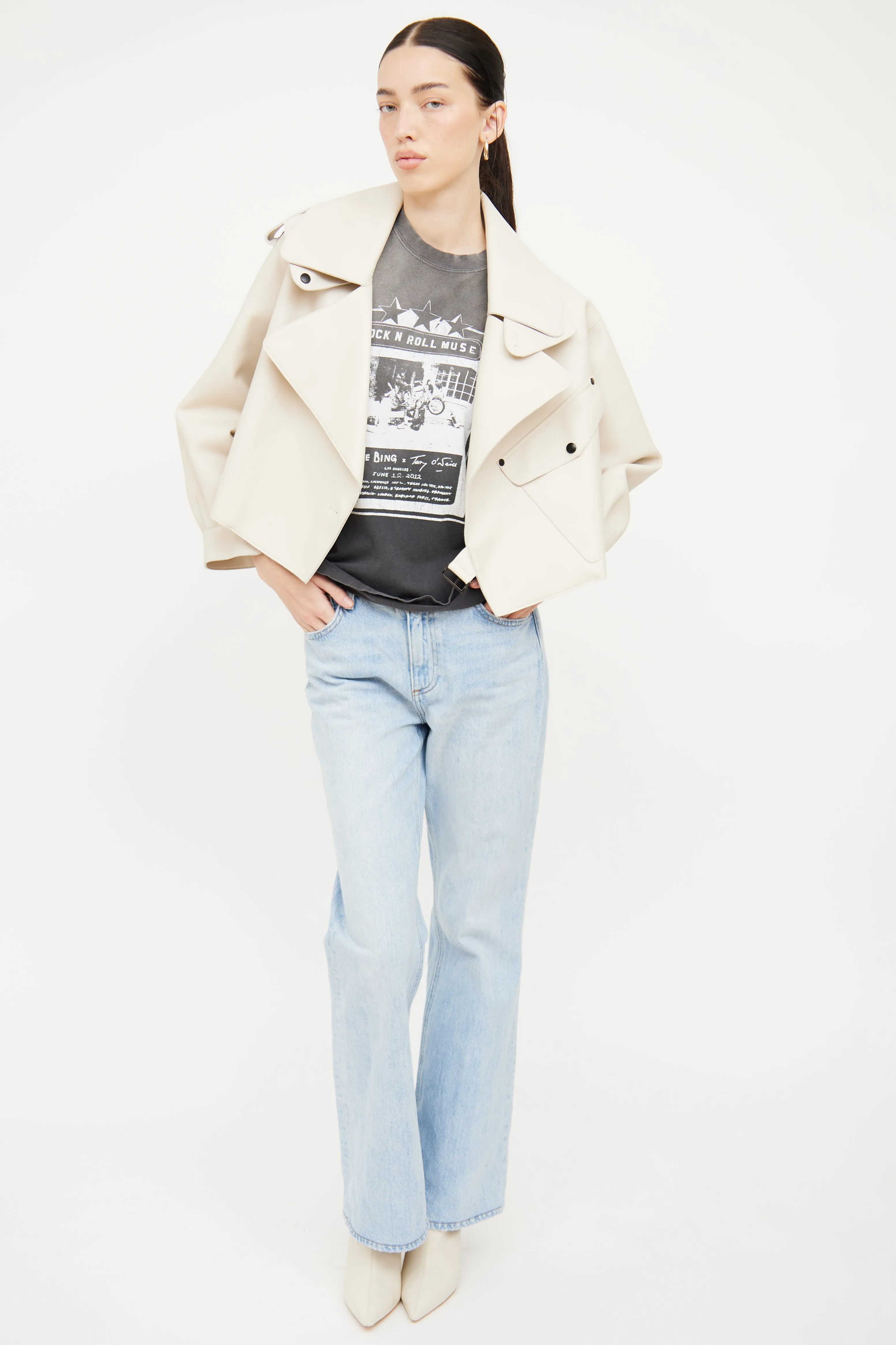 Cream Leather Cropped Biker Jacket