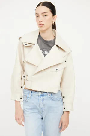 Cream Leather Cropped Biker Jacket