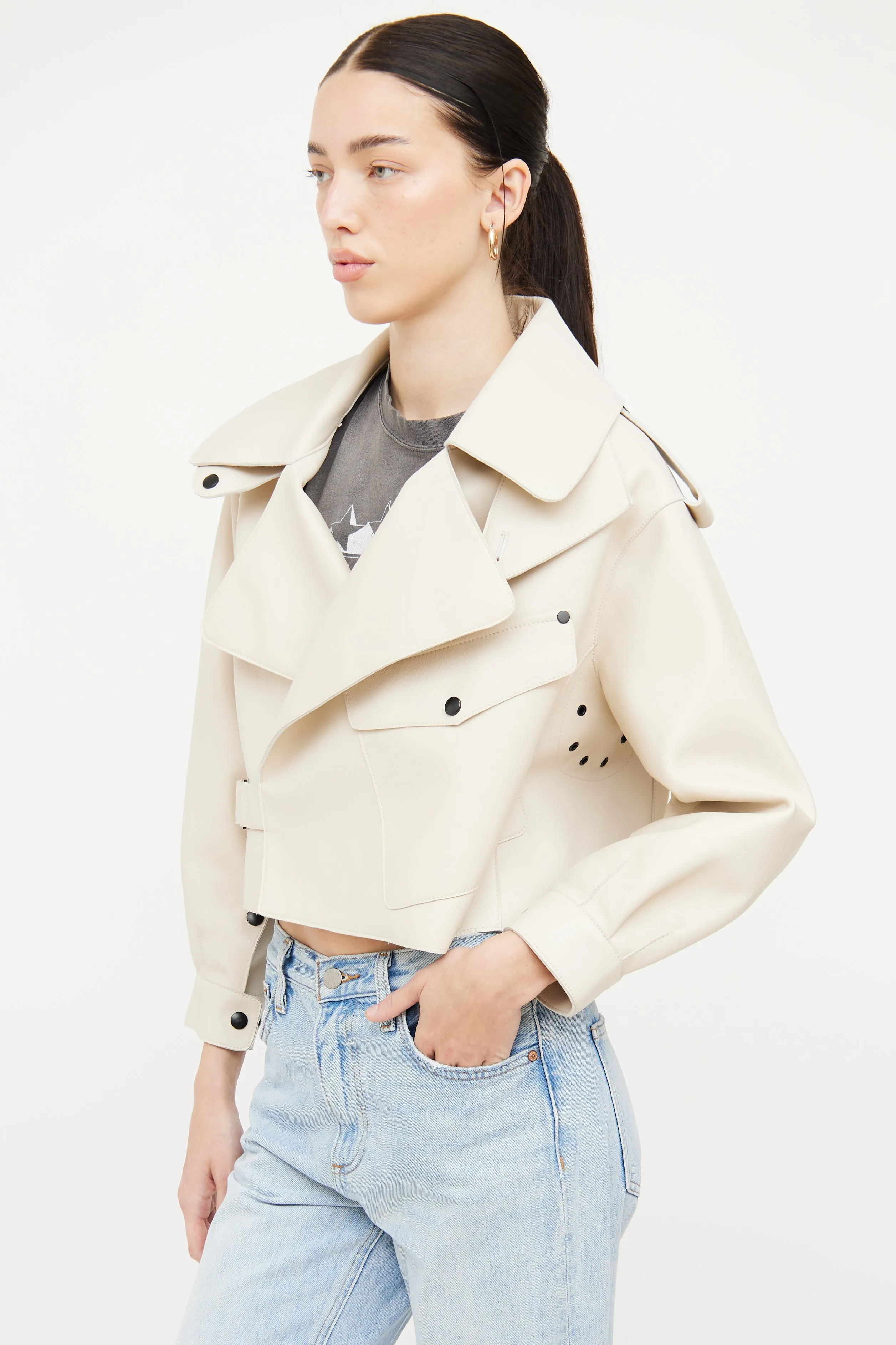 Cream Leather Cropped Biker Jacket