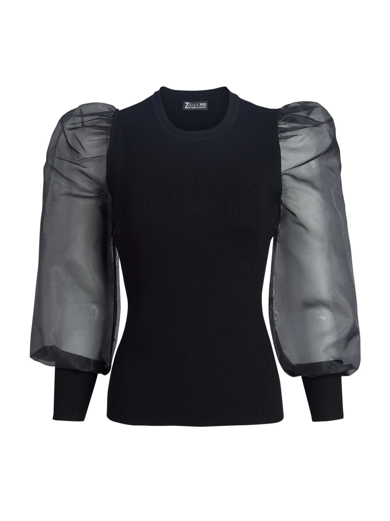 Crewneck Organza Puff-Sleeve Top