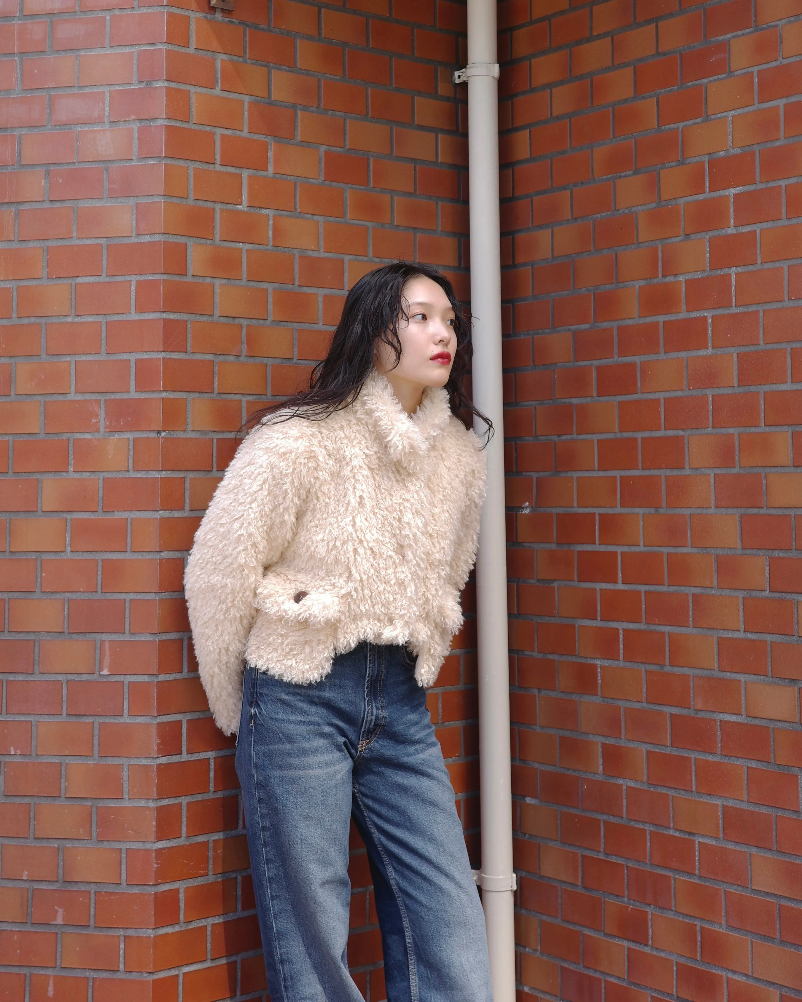 Cropped fur jacket (beige / pink)