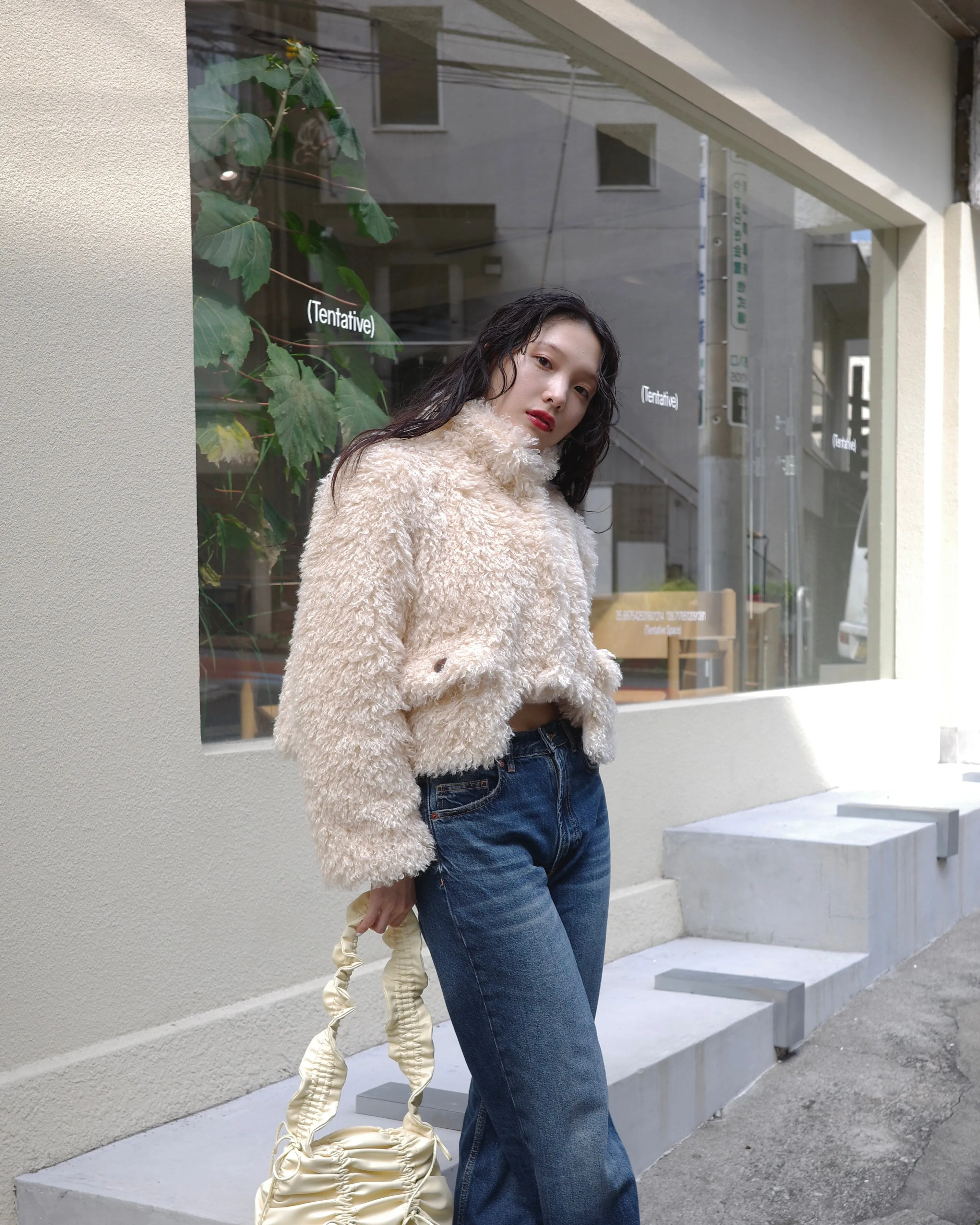 Cropped fur jacket (beige / pink)