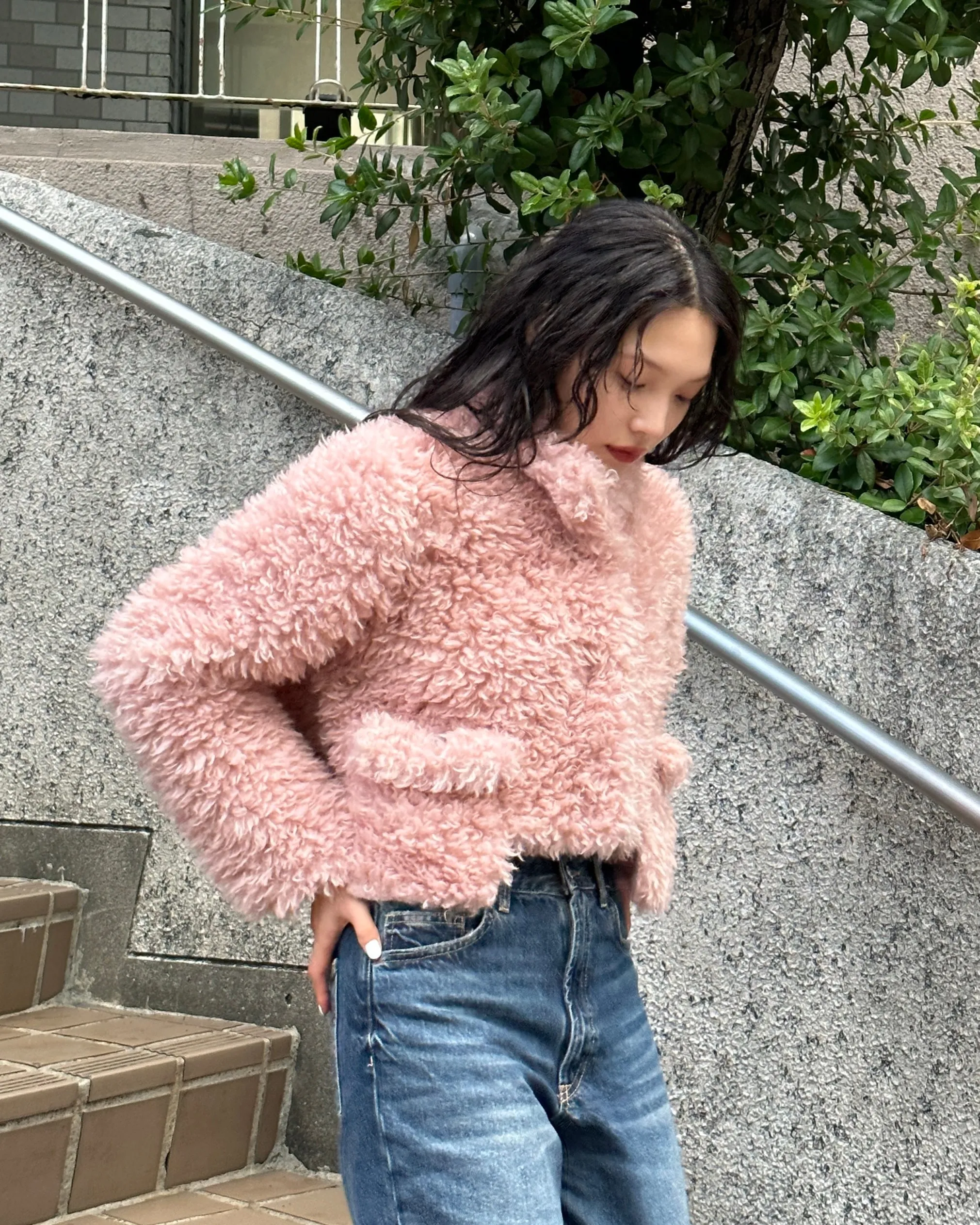 Cropped fur jacket (beige / pink)