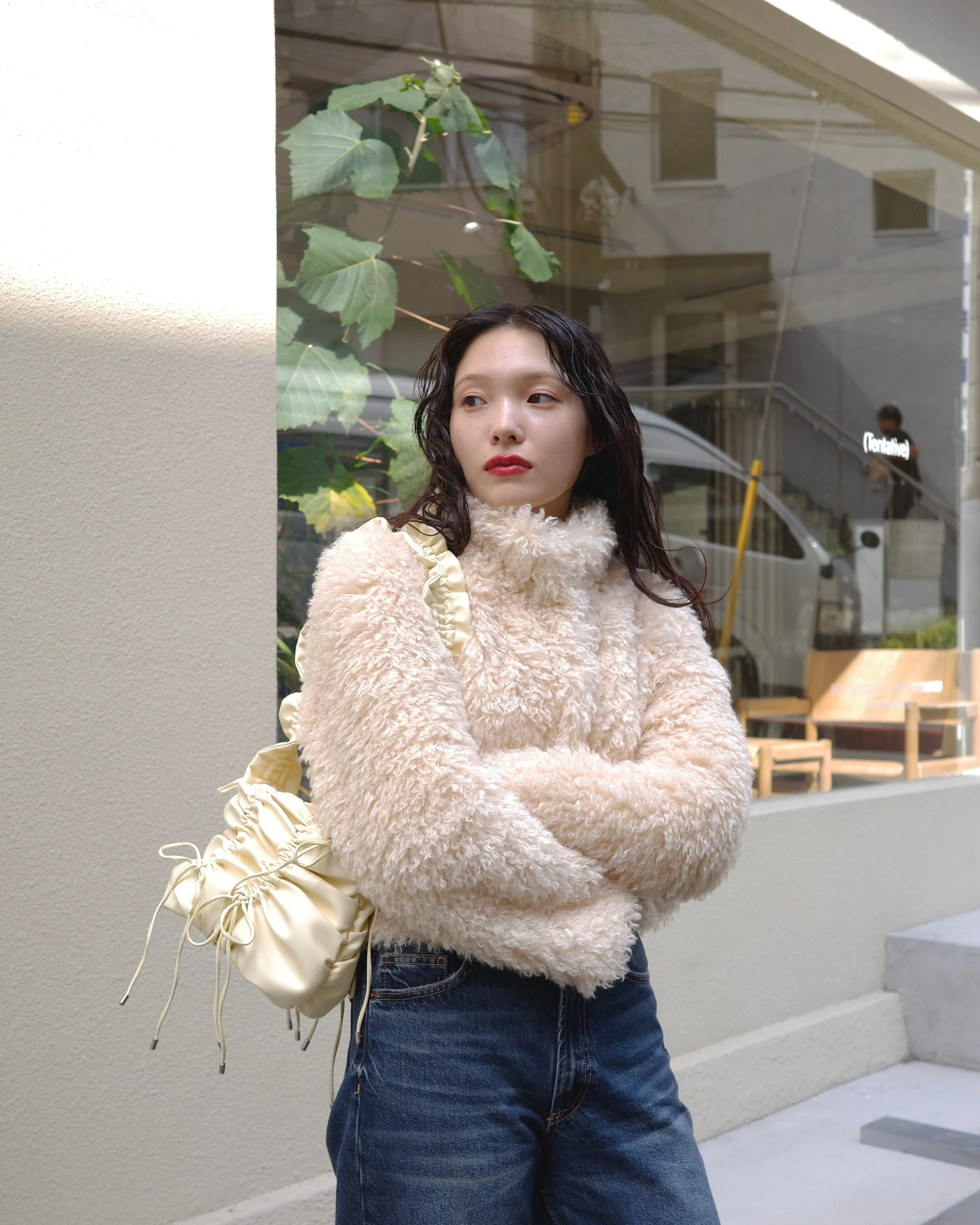 Cropped fur jacket (beige / pink)