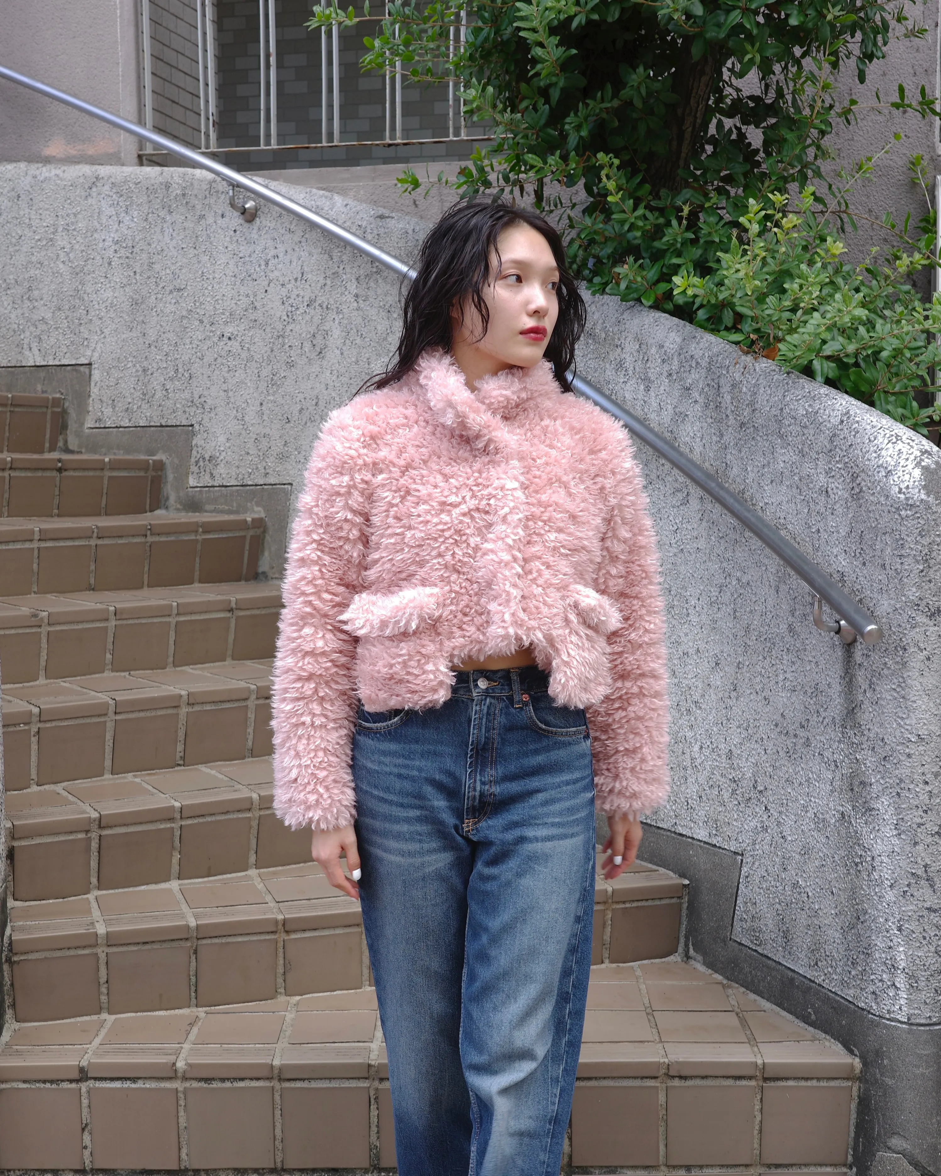 Cropped fur jacket (beige / pink)