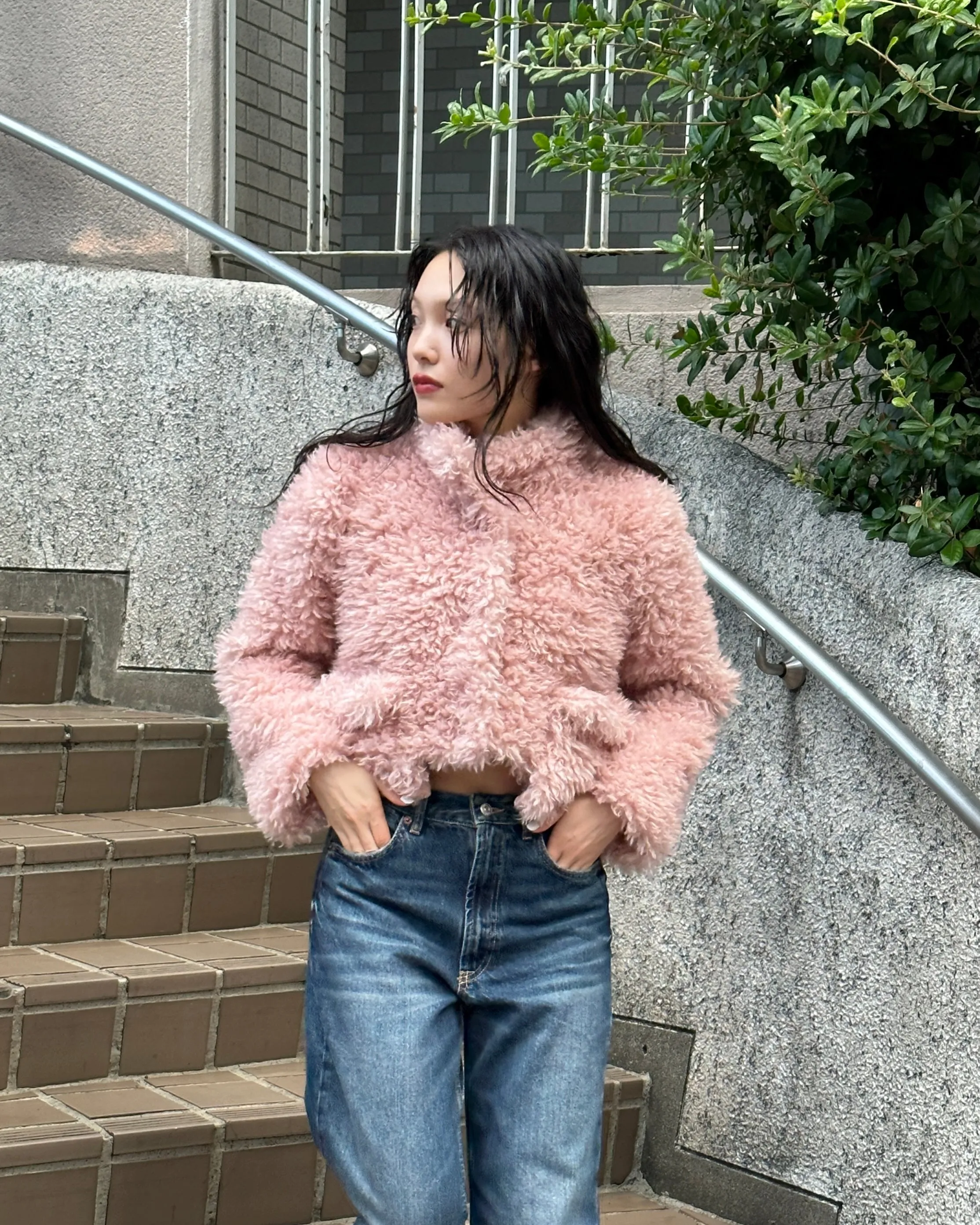 Cropped fur jacket (beige / pink)