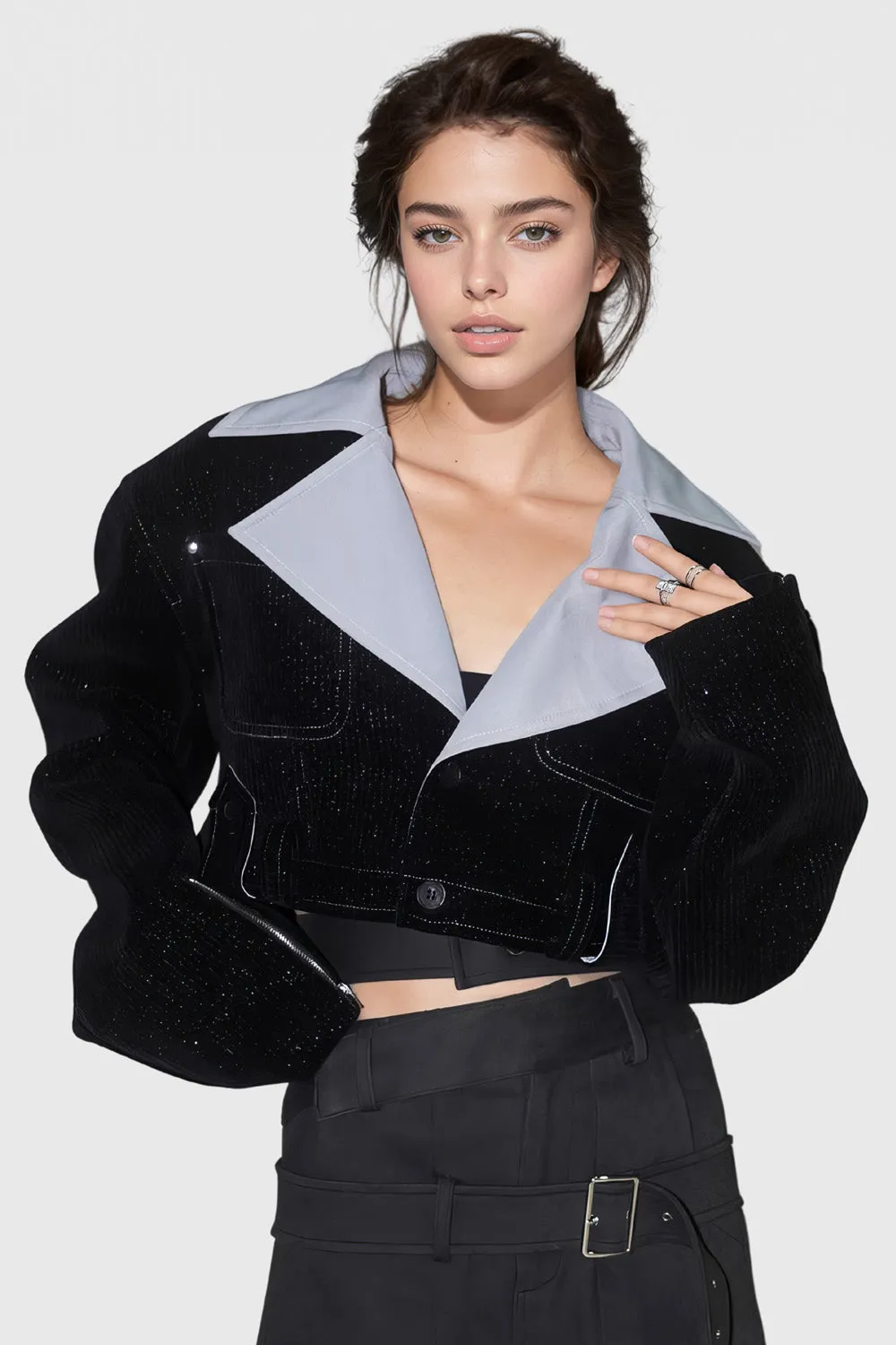 Cropped Jacket with Rhinestones - Black