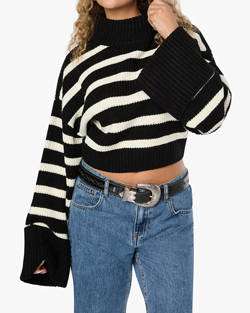 Cropped Turtle Neck Sweater Black/Ivory Stripe