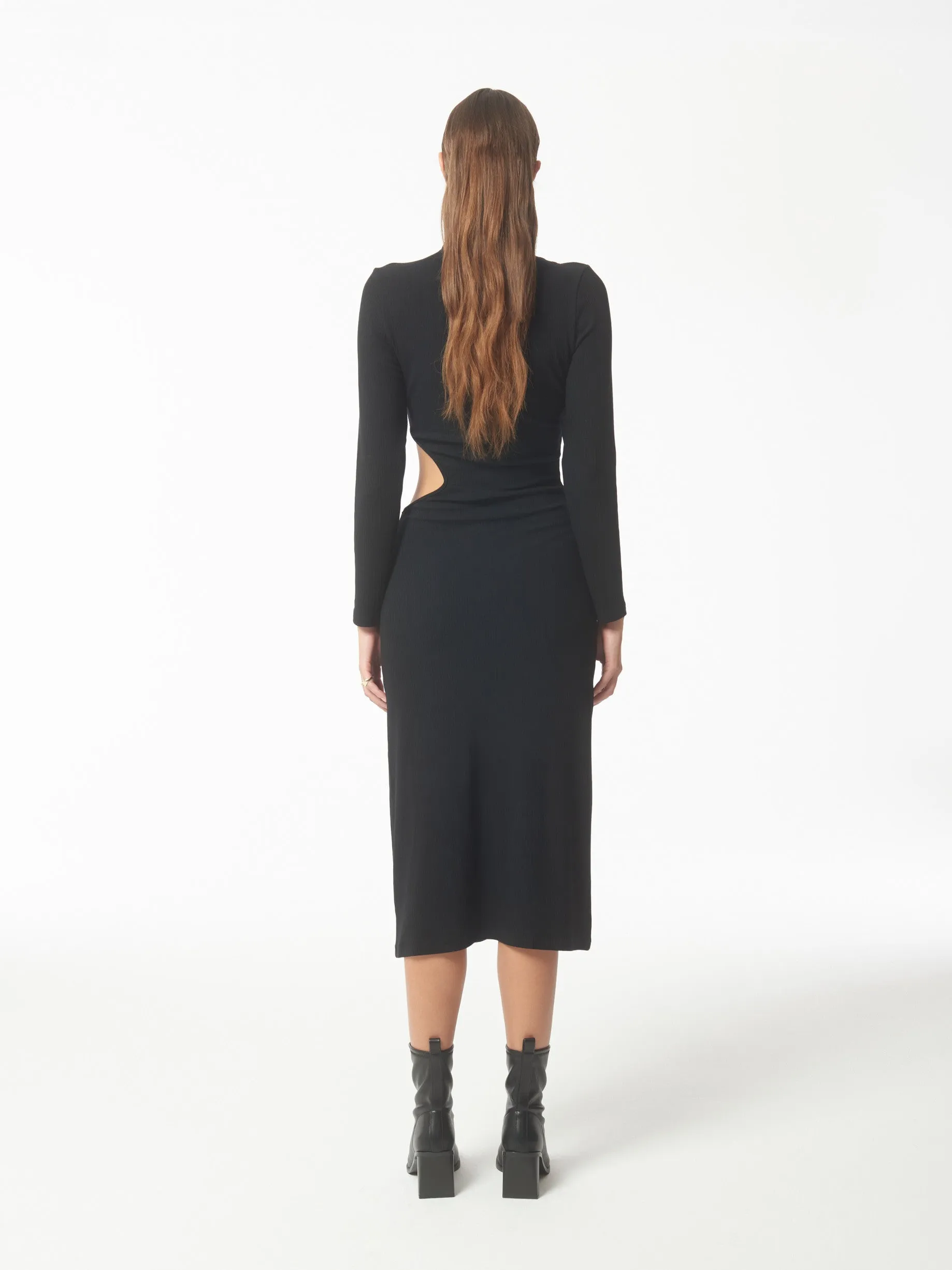 Cutout Stretch Knit Midi Dress in Black