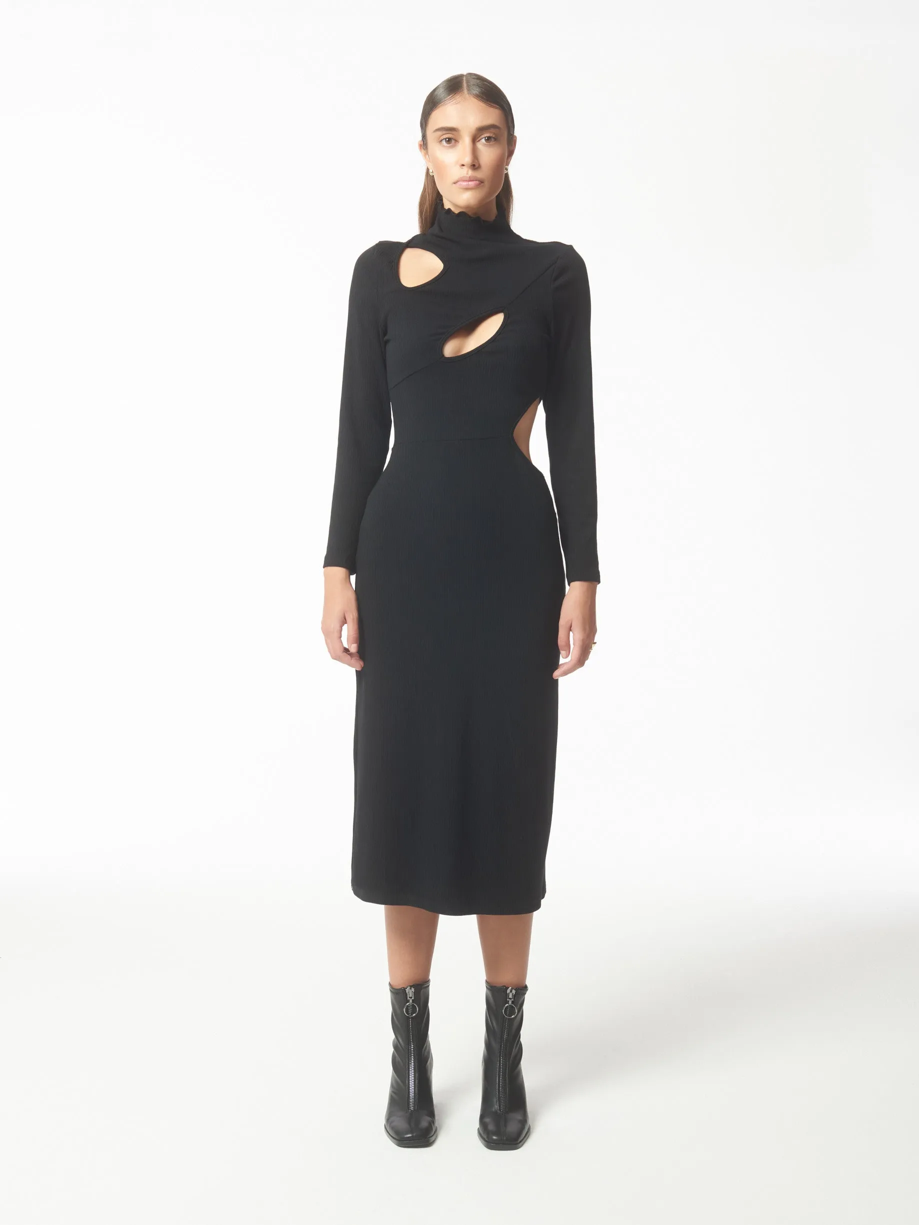 Cutout Stretch Knit Midi Dress in Black