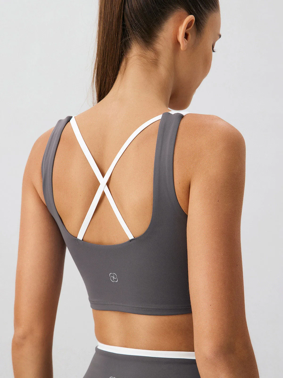 Dark Grey Contrast Square Neck Sports Bra - Medium Support