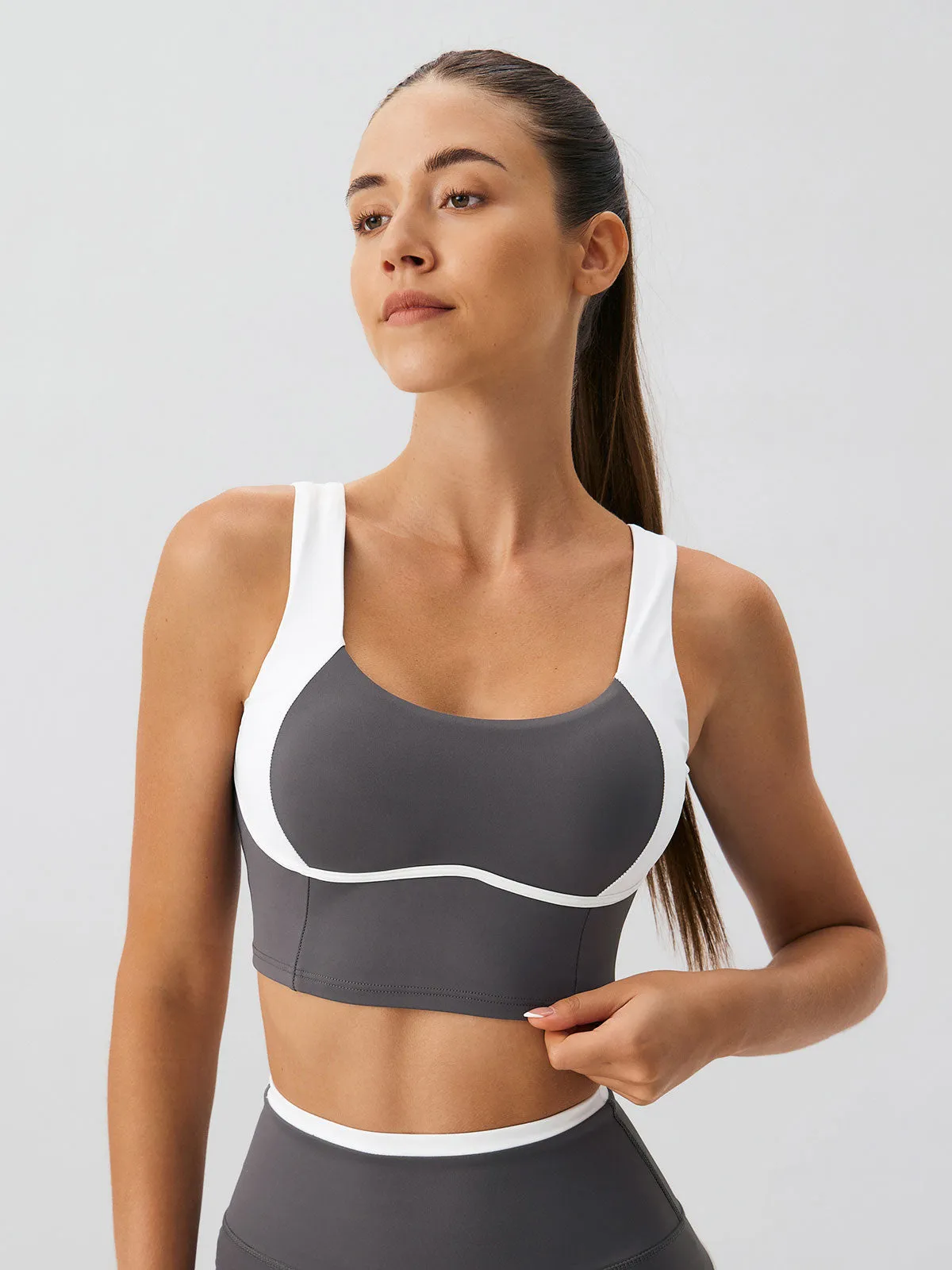 Dark Grey Contrast Square Neck Sports Bra - Medium Support