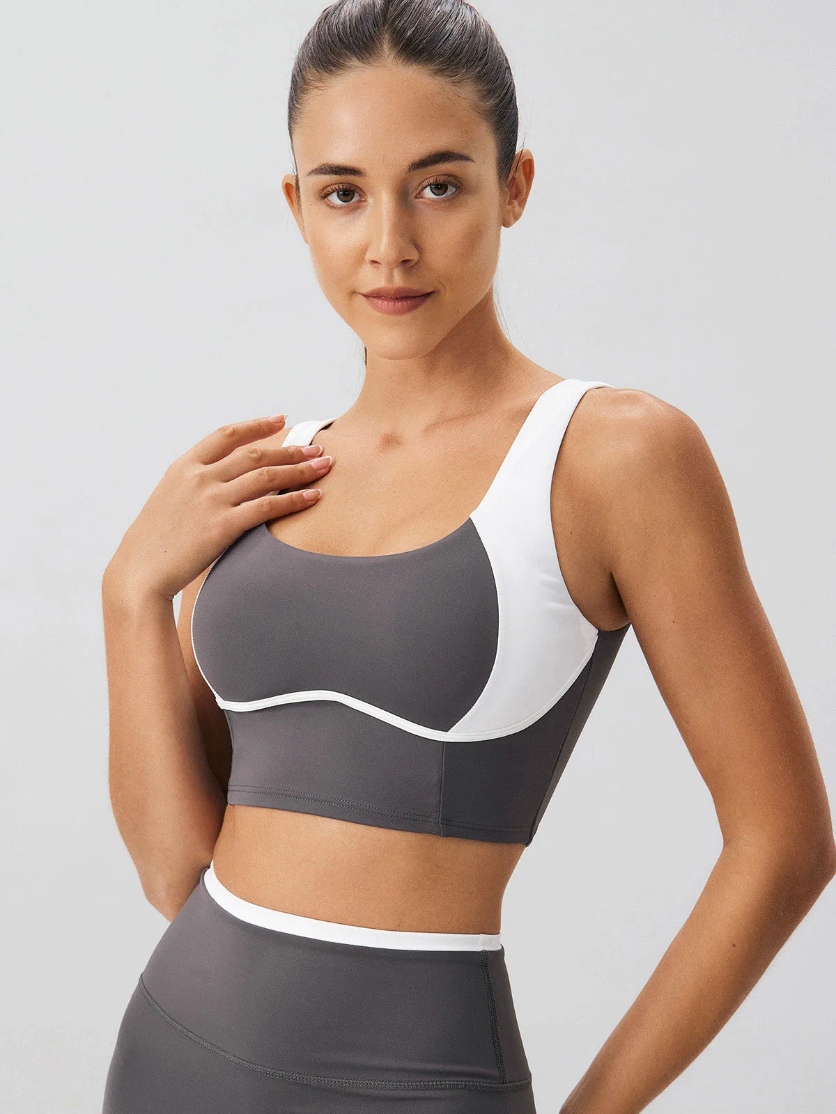 Dark Grey Contrast Square Neck Sports Bra - Medium Support