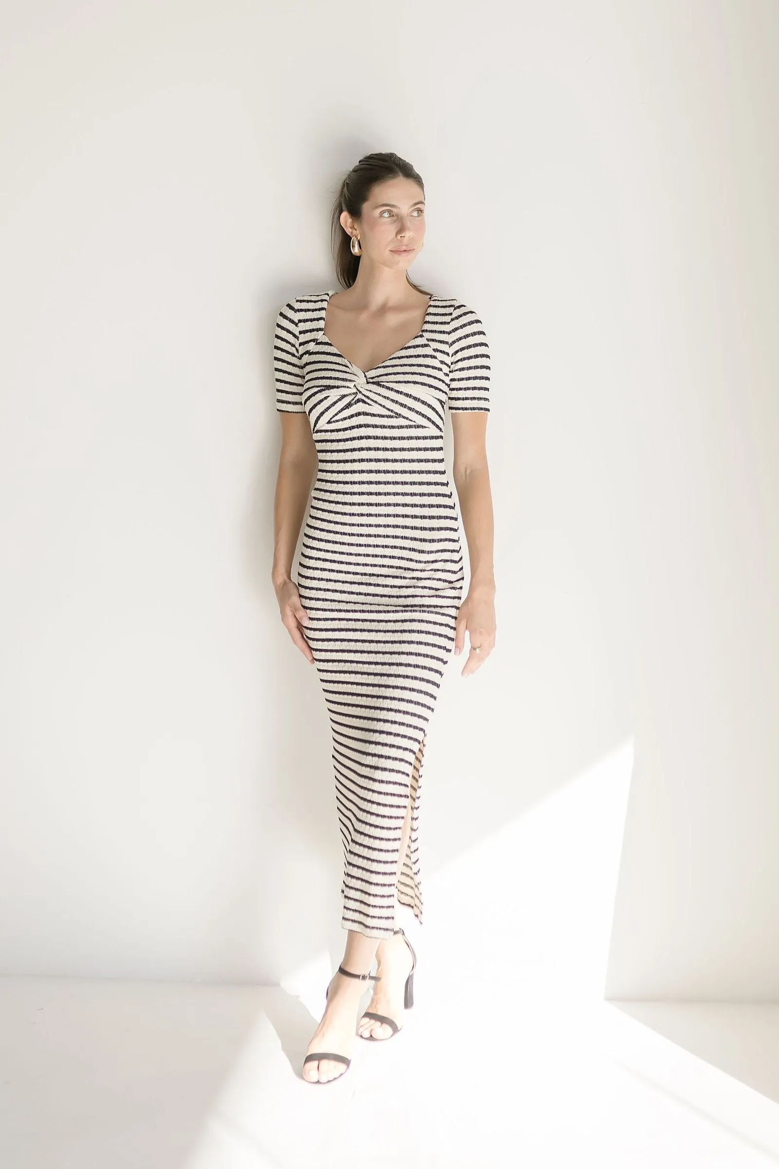 Dawn Short Sleeve Stripe Print Knit Maxi Dress Black