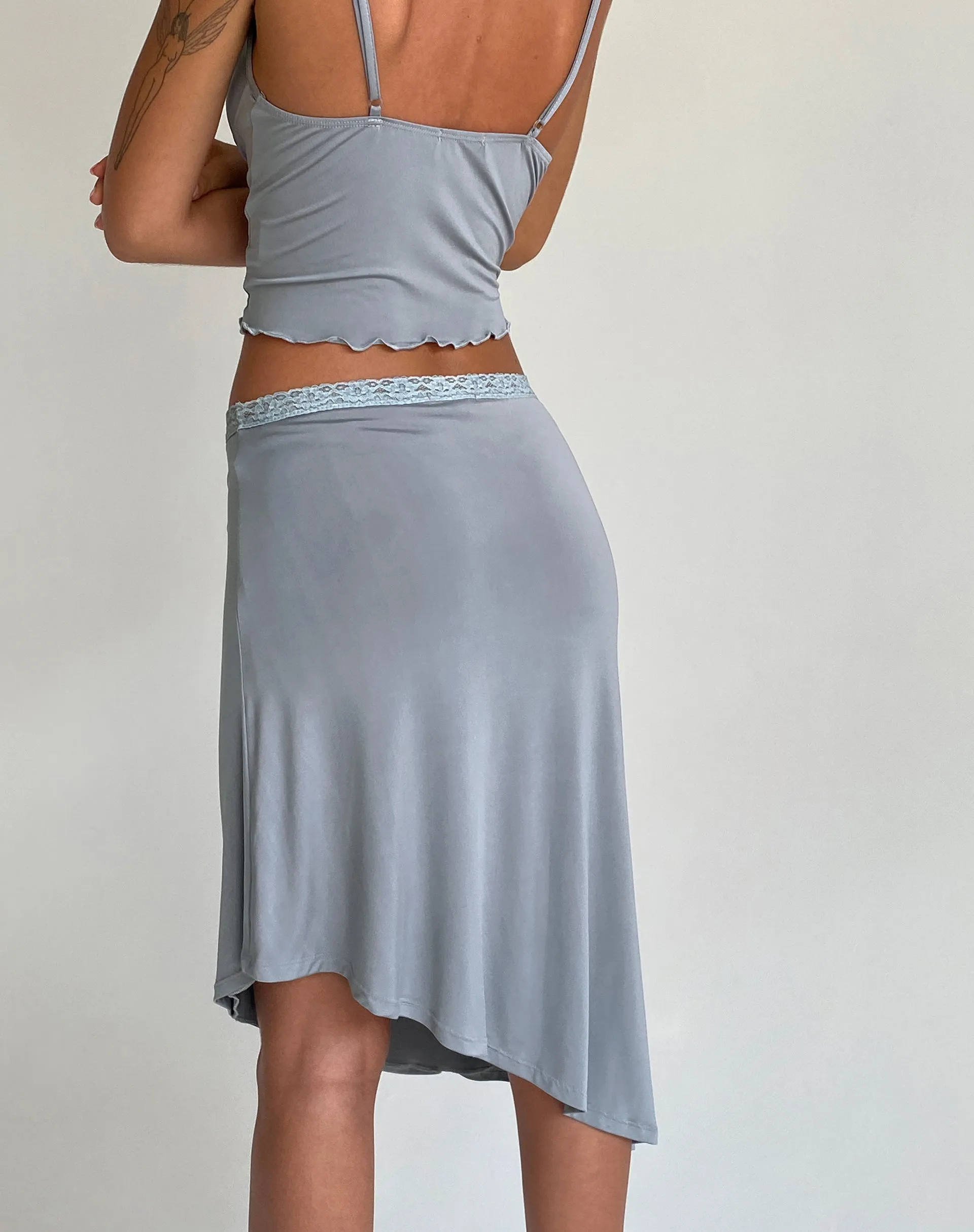 Drew Asymmetric Midi Skirt in Slinky Grey