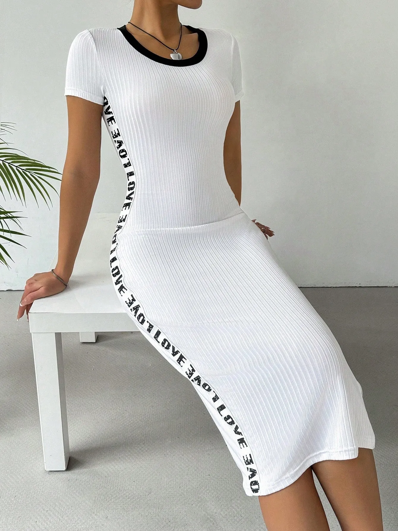 EZwear Long Summer Dress Contrast Letter Tape Bodycon Black Dress