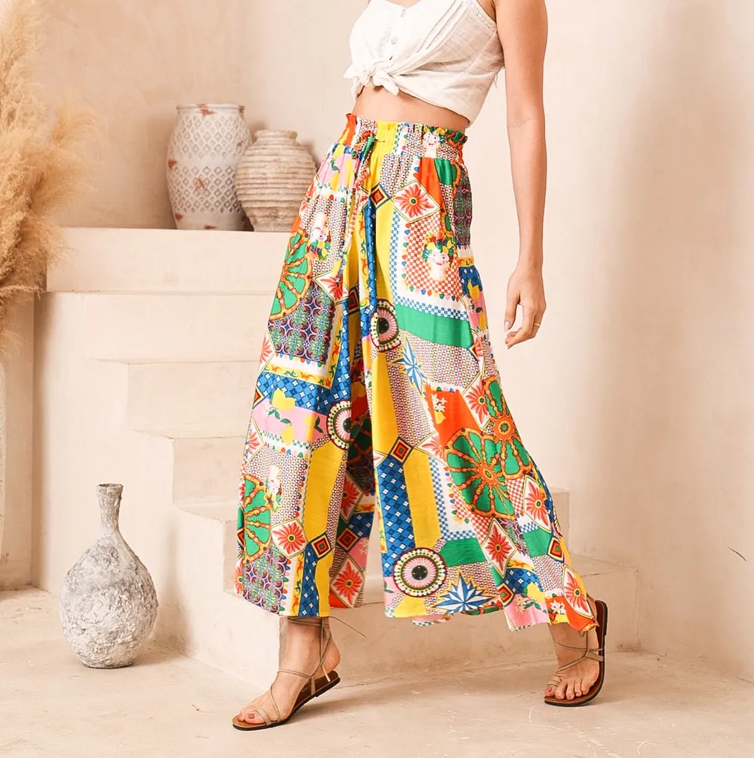 Frida Green/Orange/Blue Print Palazzo Pants