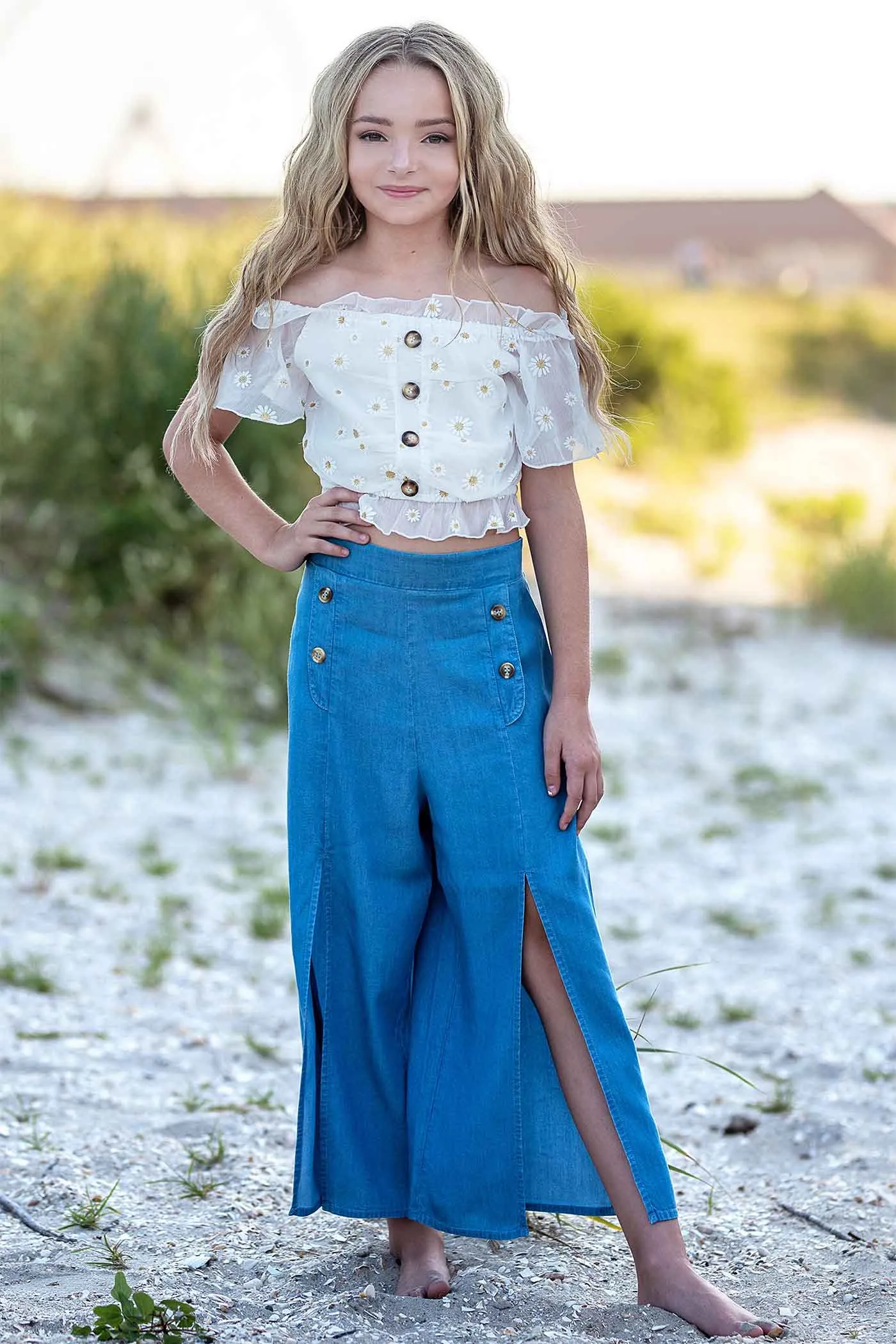 Girls Front Slit Chambray Culottes